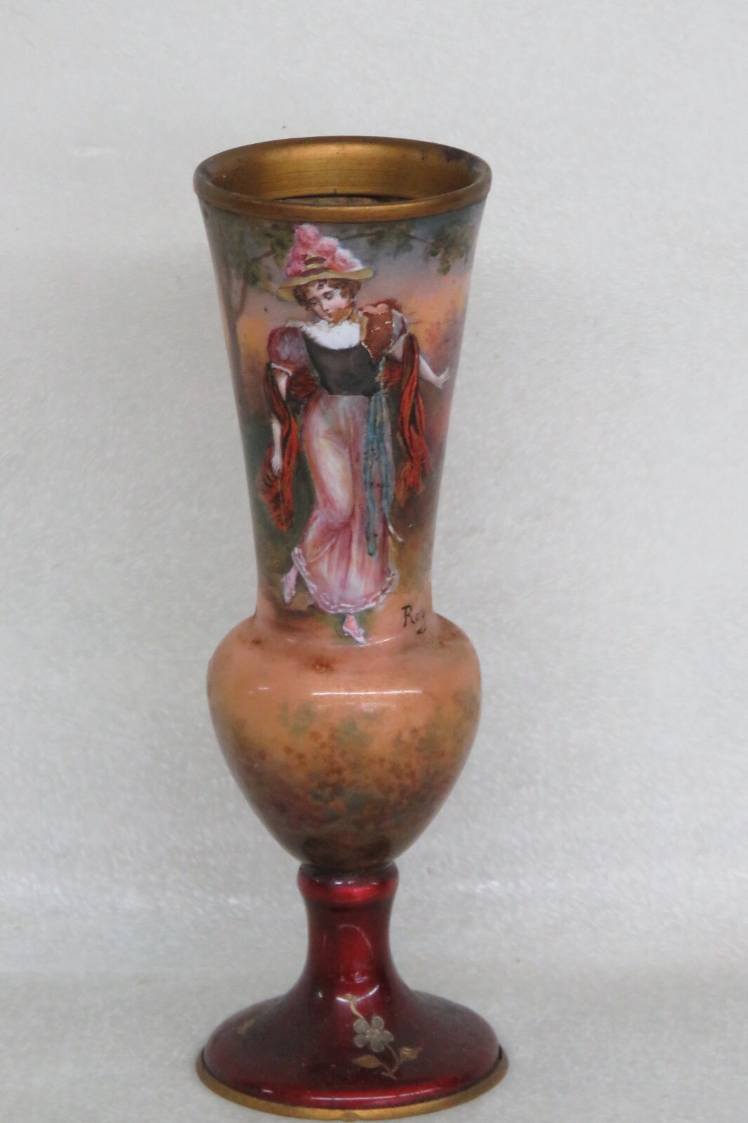 French Enamel Cabinet Vase Depicting a Beautiful Lady Signed Roy 4103B
