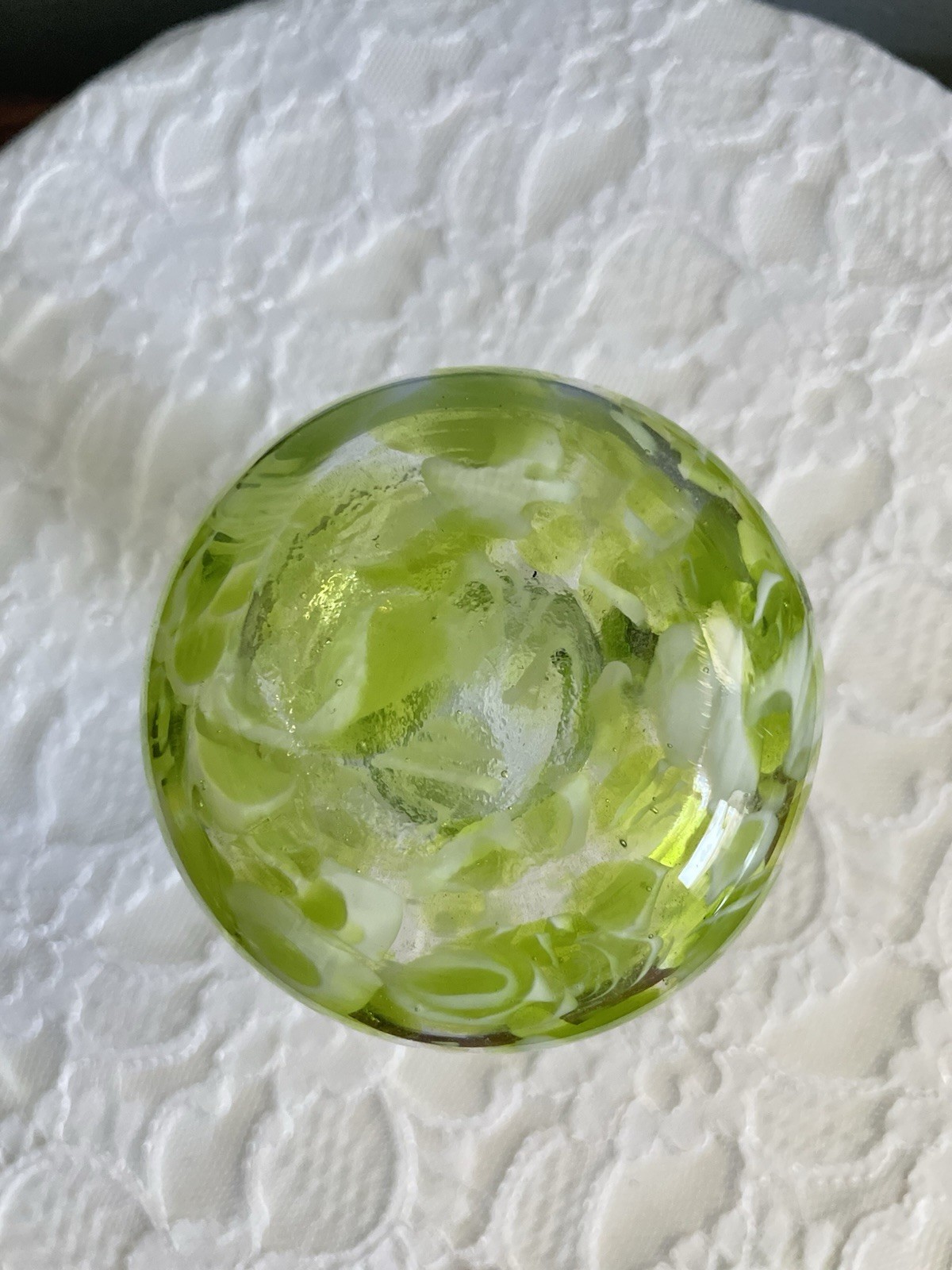Vintage Green, White, Clear Swirl Art Glass Bud Vase with Handle