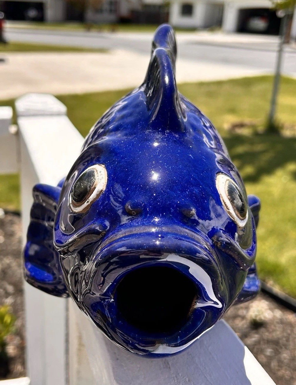 Art Pottery Cobalt Blue Fish Koi Sculpture Garden Decor World Market Approx 12”L