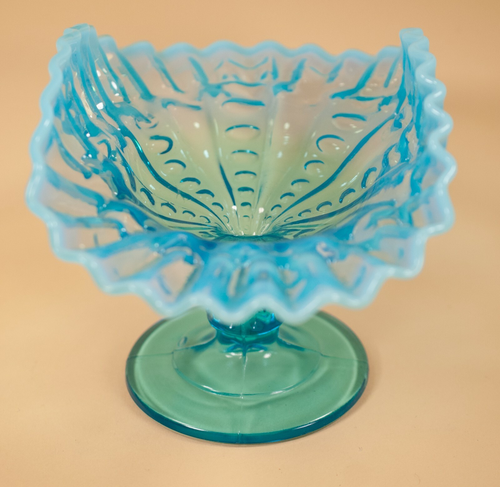 Antique National Glass Concaved Columns #617 1904 Blue Opalescent Compote