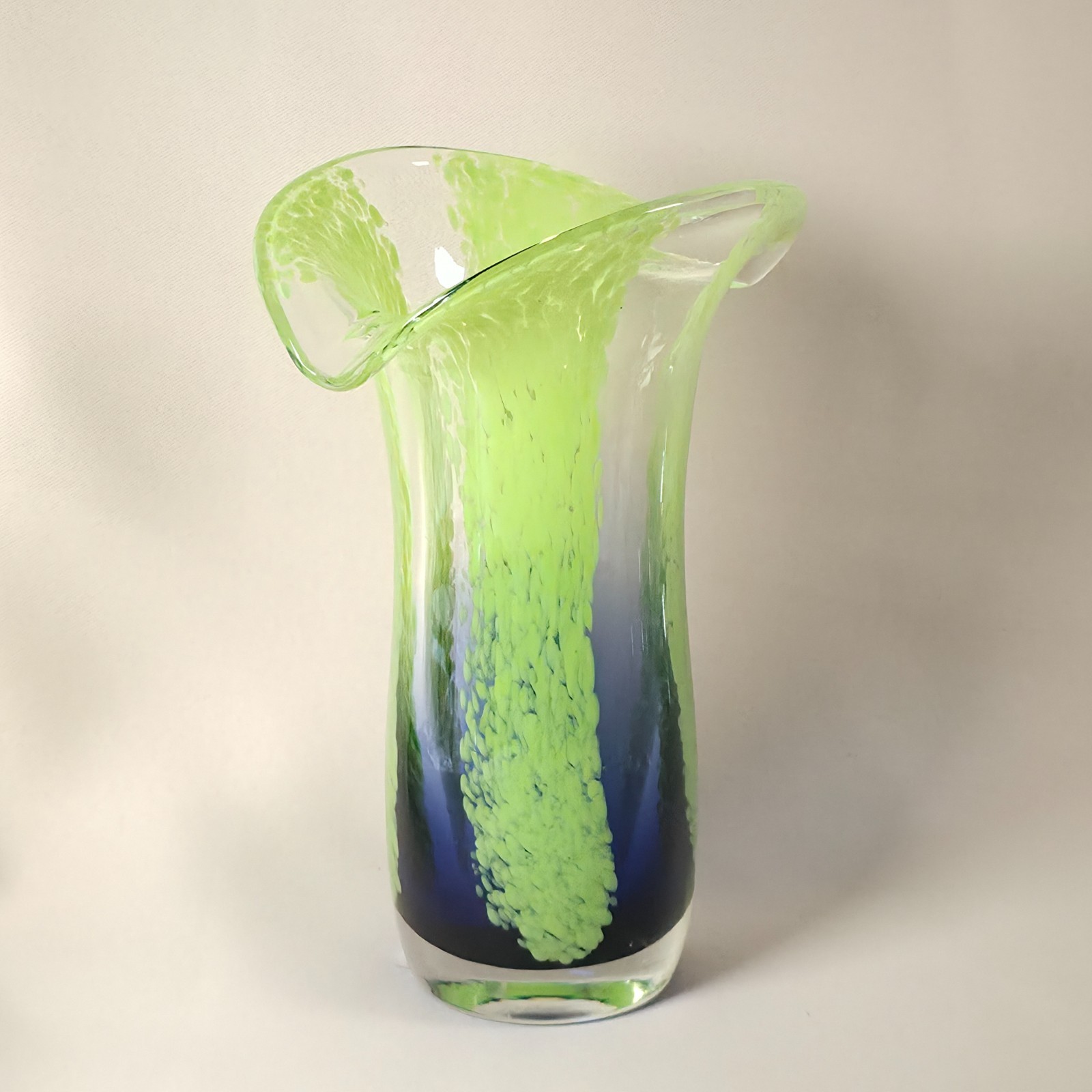 Murano Style Art Glass Vase Blue Green Speckled Flared Rim Console Home Decor