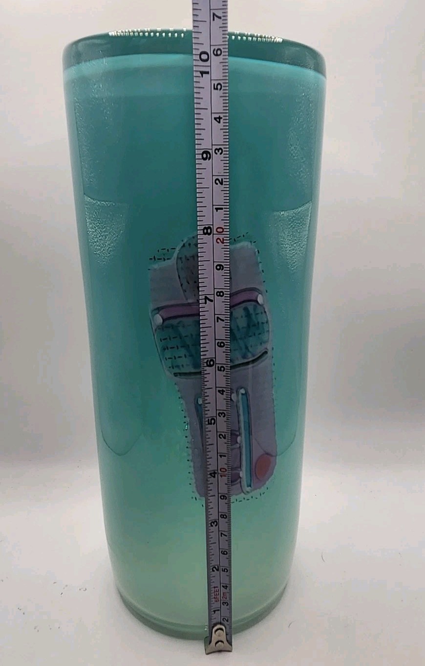 Signed Studio Art Glass Vase Teal Frosted Abstract Geometric Postmodern 10″ 1992