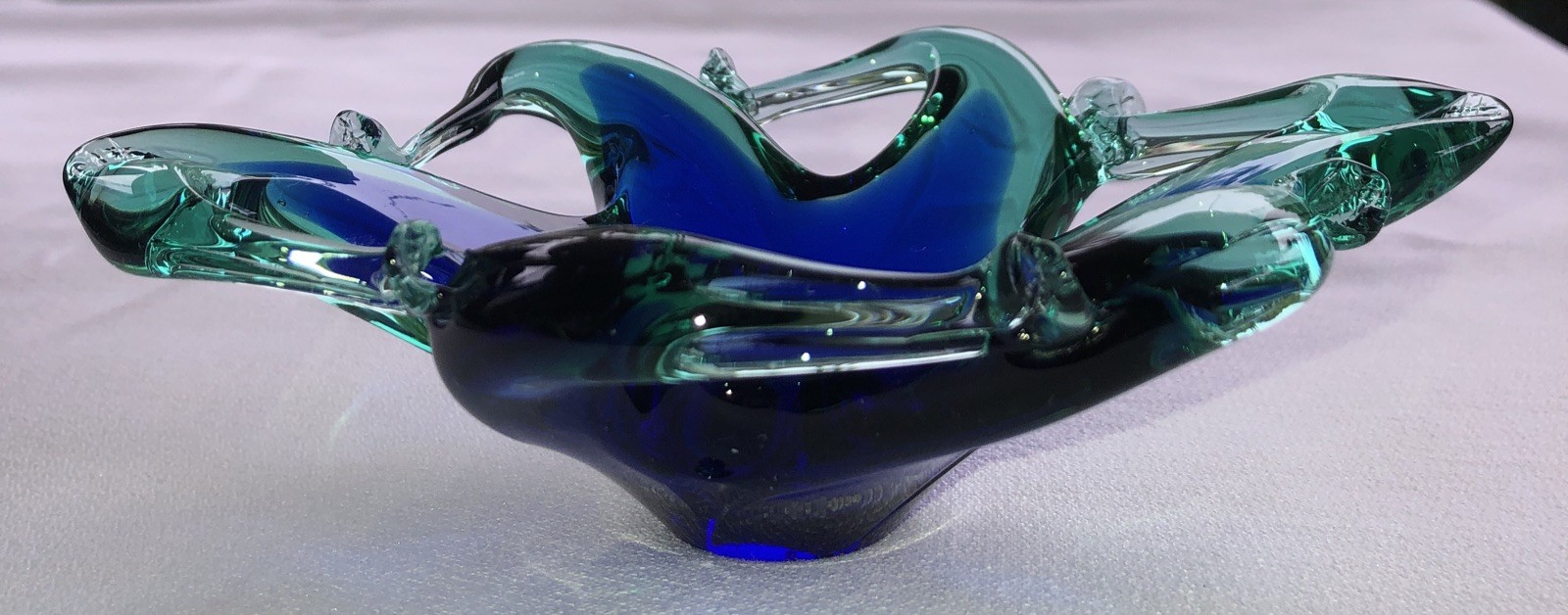 VINTAGE MURANO STYLE ART GLASS WAVE CRYSTAL DISH BLUE & GREEN 6 X 4.25 X 1.75