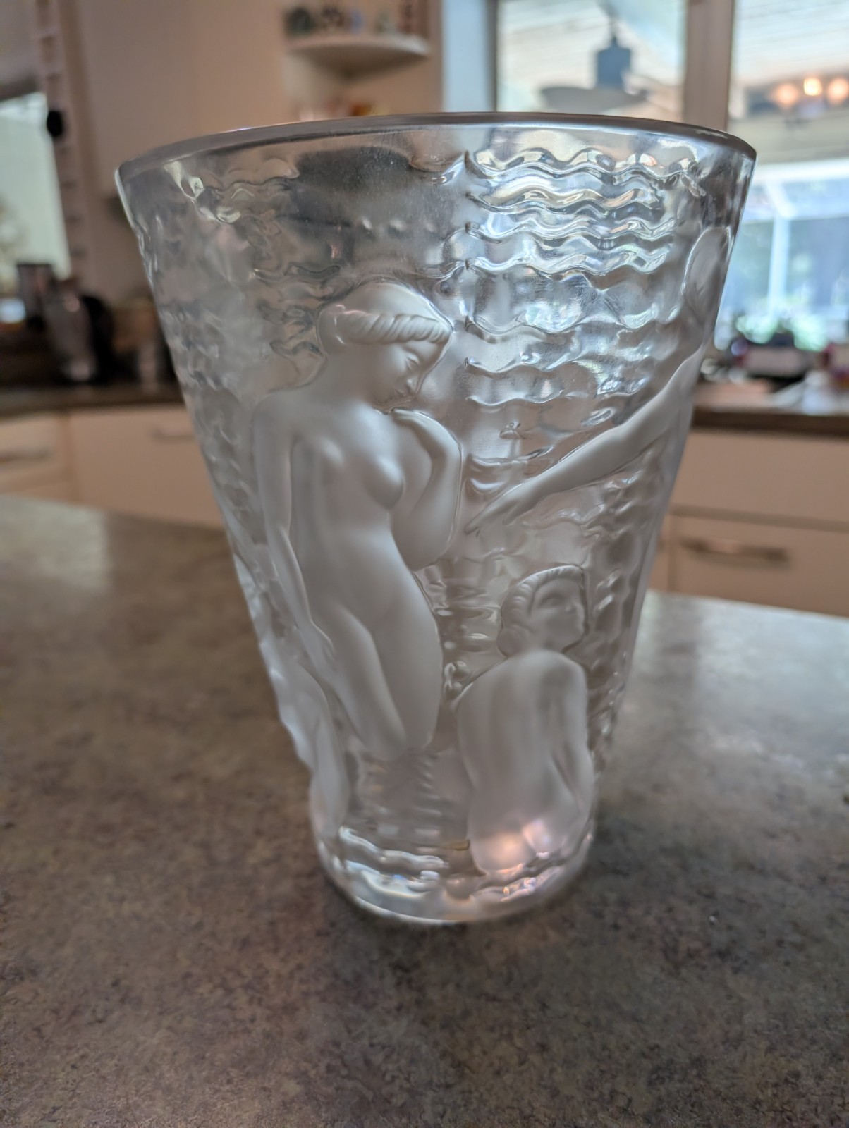Beautiful Large 9.5″ Lalique France Crystal Vase Frosted Nude Nymphs Ondines