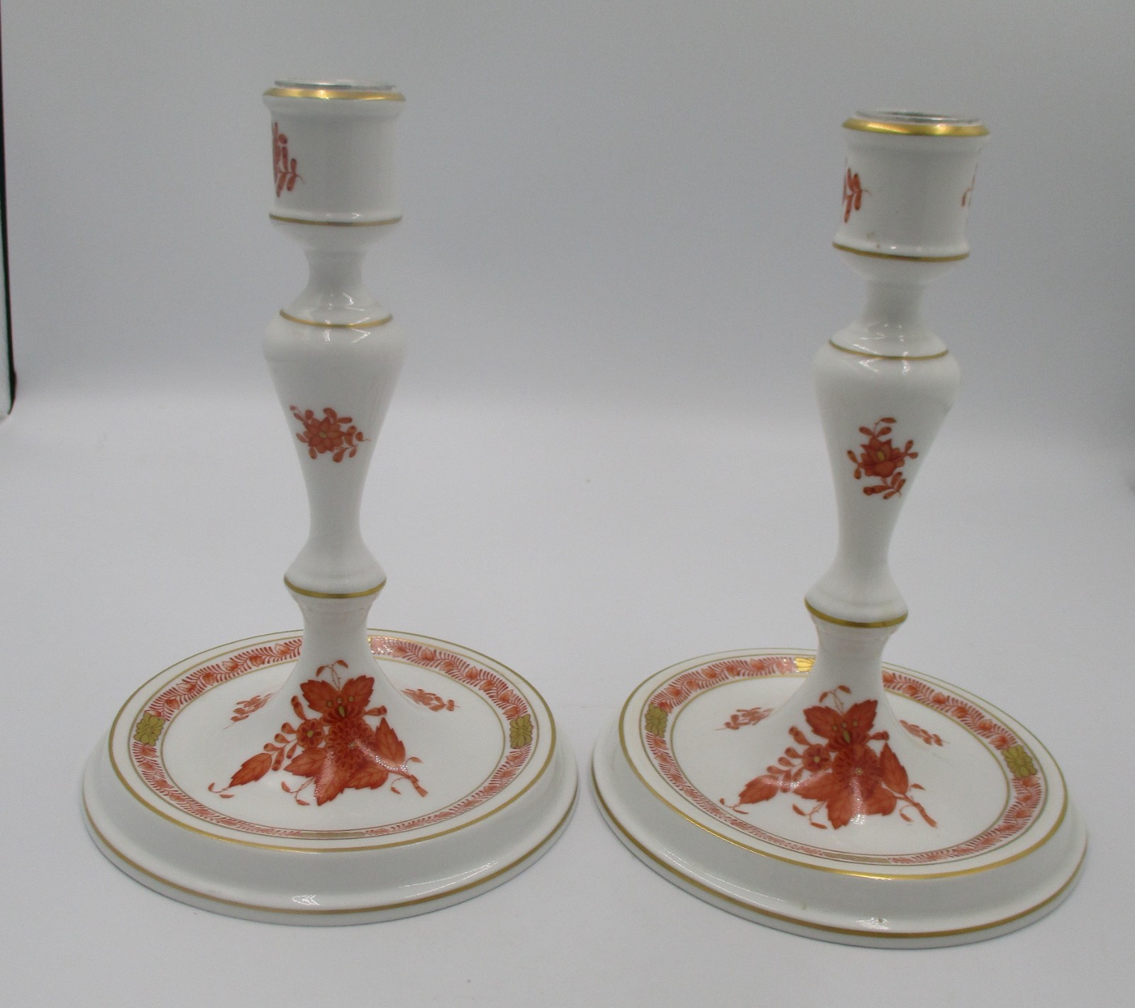 Pair Herend Chinese Bouquet Rust Candlesticks with Two Different Arm Styles