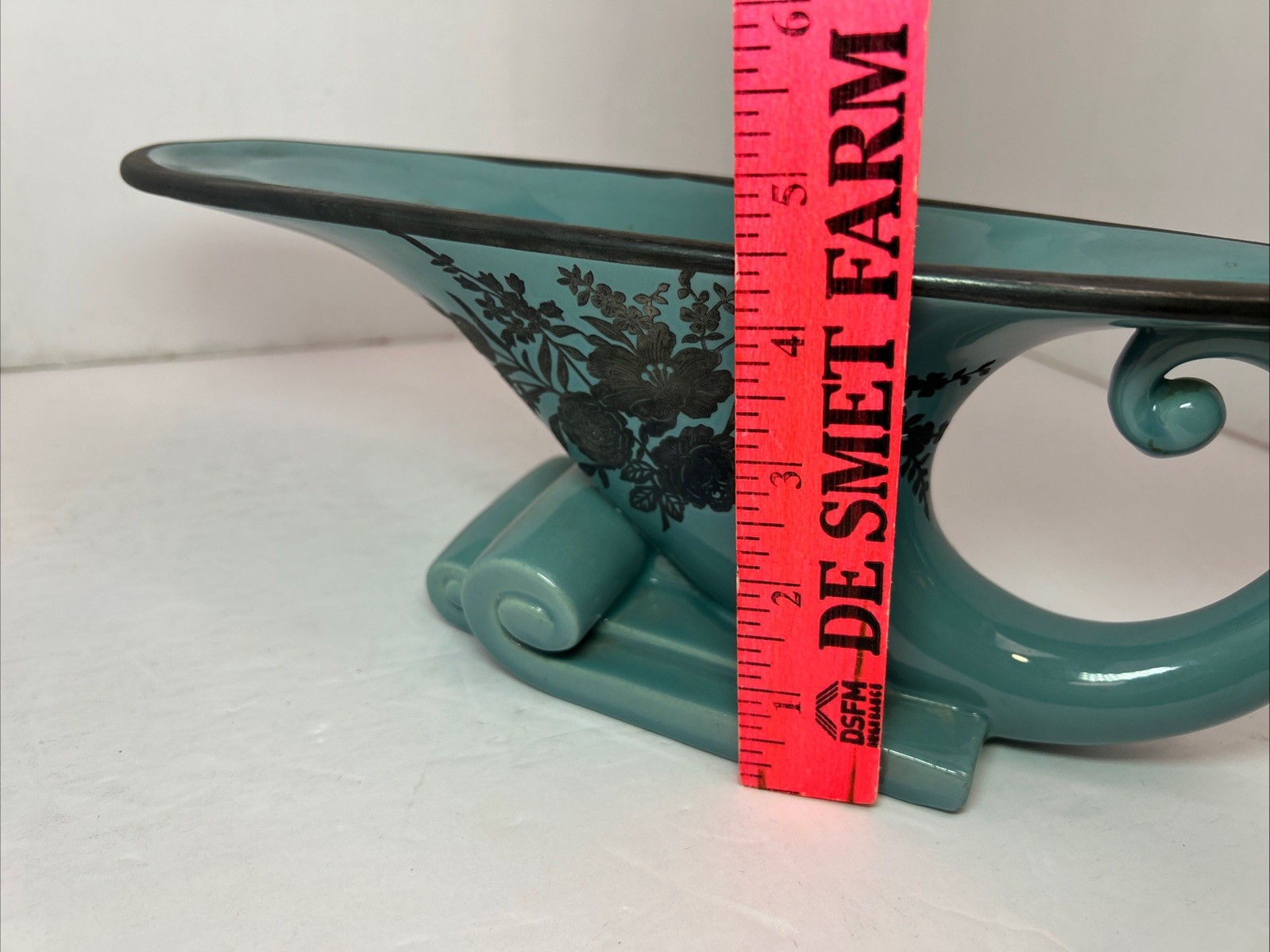 Haeger Pottery Art Deco Teal Cornucopia Vase Scroll Base Sterling Silver RARE