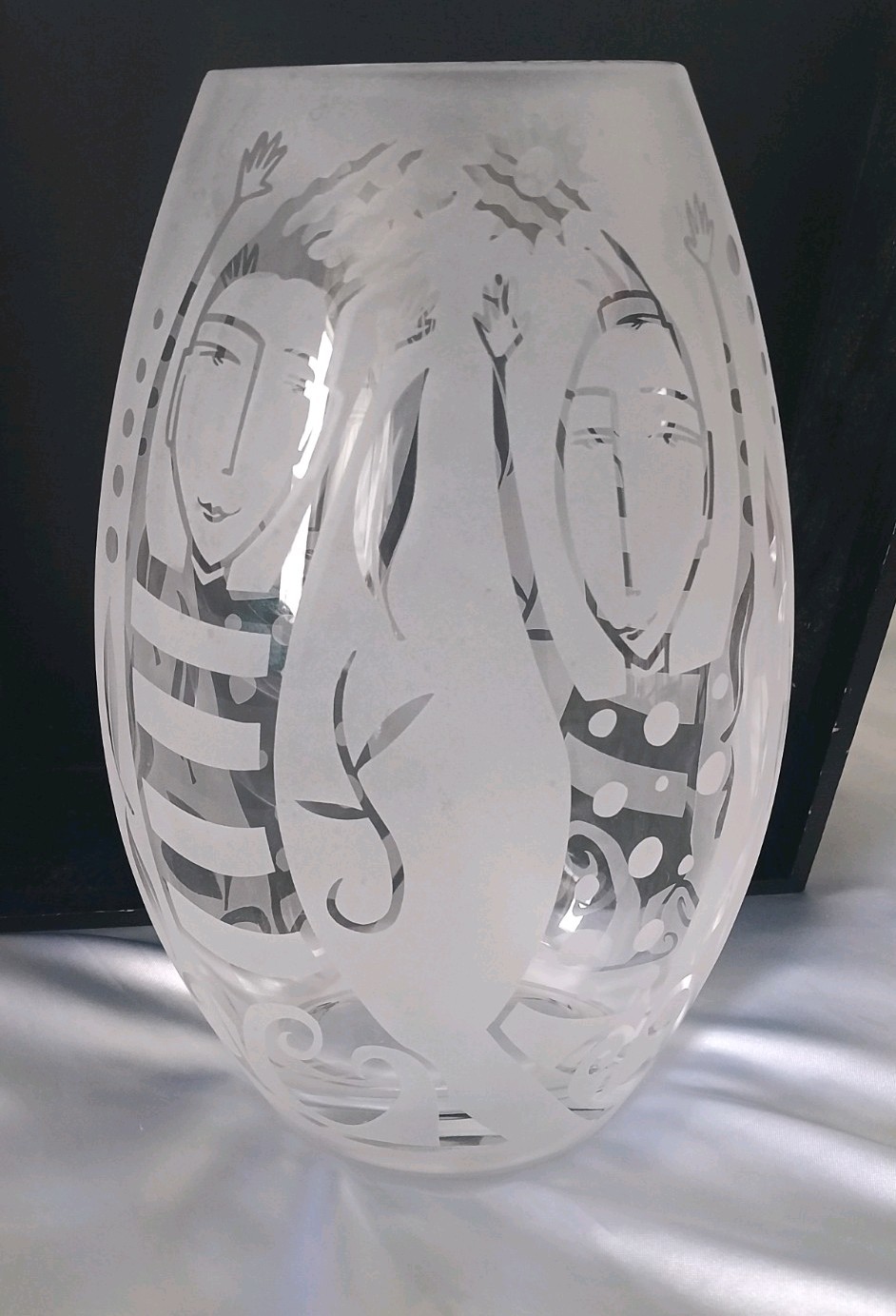 Handcrafted Leandra Drumm Etched Glass Vase, Quirky, Whimsical