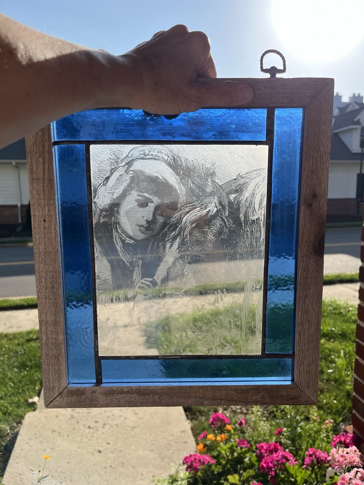 Two Leaded Stained Glass Window Panels W Etchings Of Girl & Boy W/ Horse 13×15
