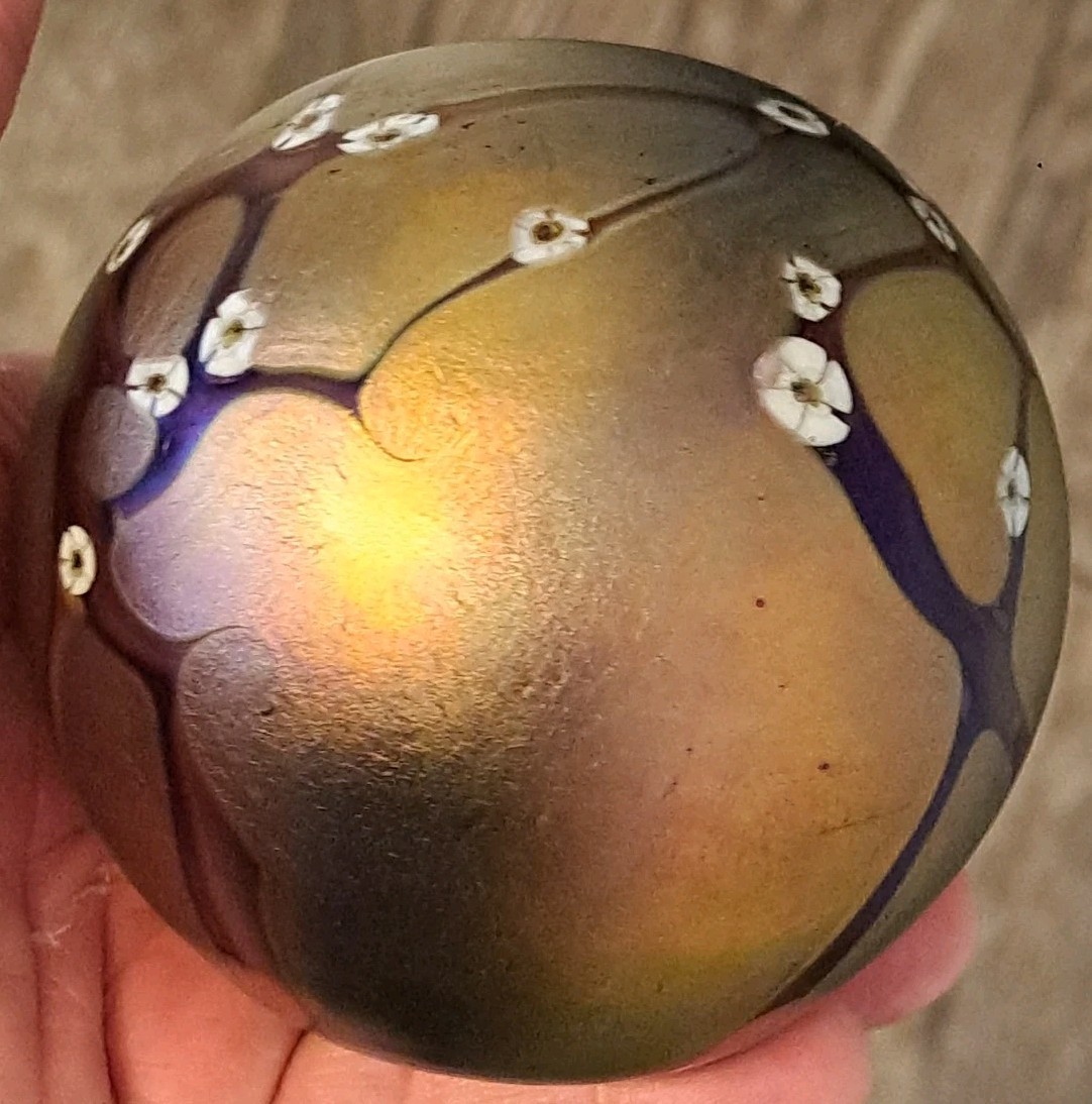 Zellique Art Glass 2003 Iridescent Floral Paperweight Joseph Morel Signed