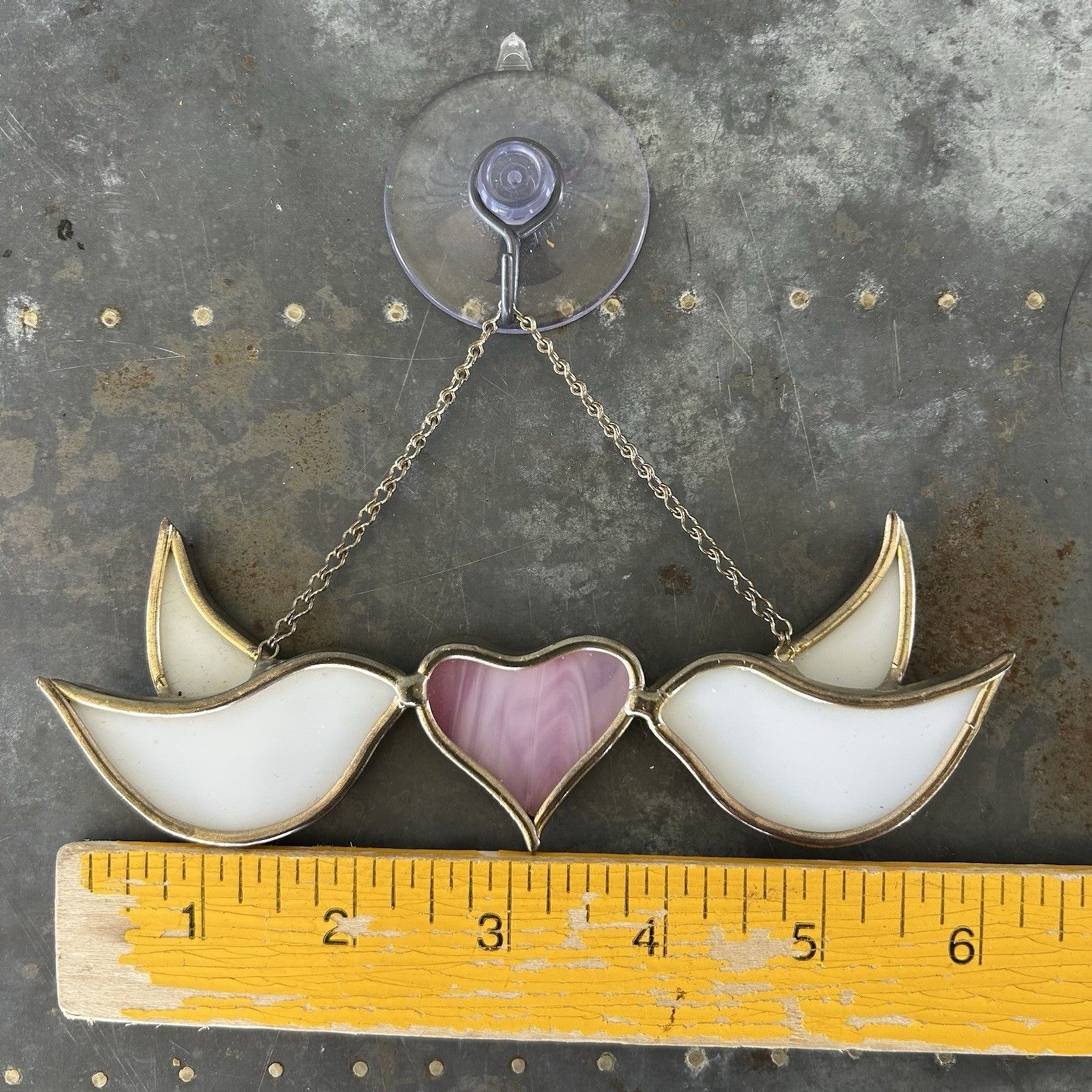 Vintage 1991 Stained Glass Love Birds Dove Pink Heart Window Hanging Sun Catcher