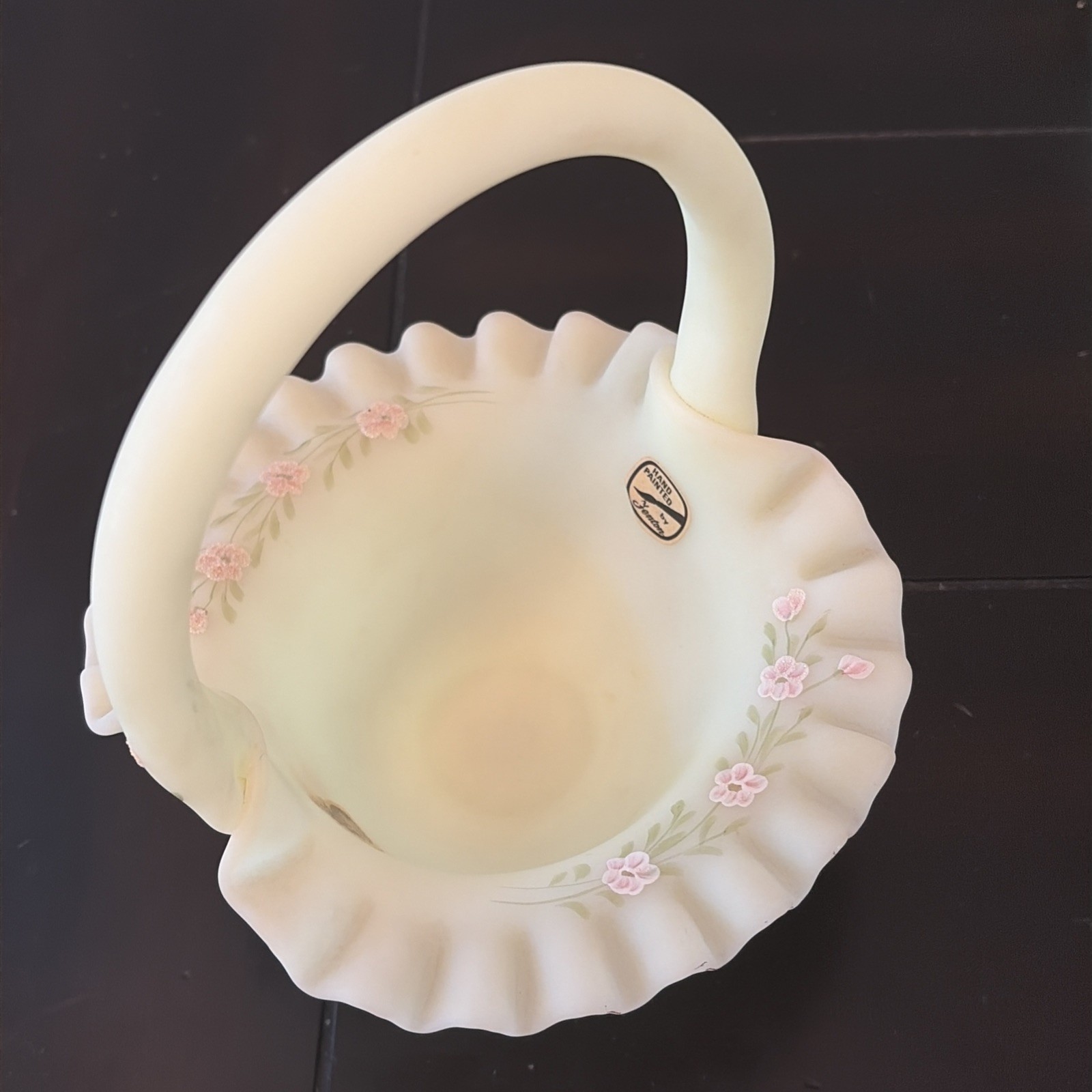 Fenton Vaseline Uranium UV Glow Satin Custard Ruffled Basket 8″ HP Signed USA