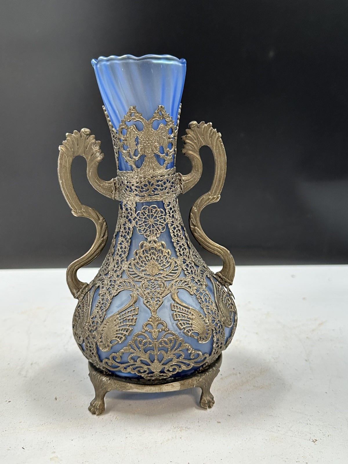 Blue Frosted Glass Vintage Greek or Russian Amphora Vase Nickel Silver Overlay