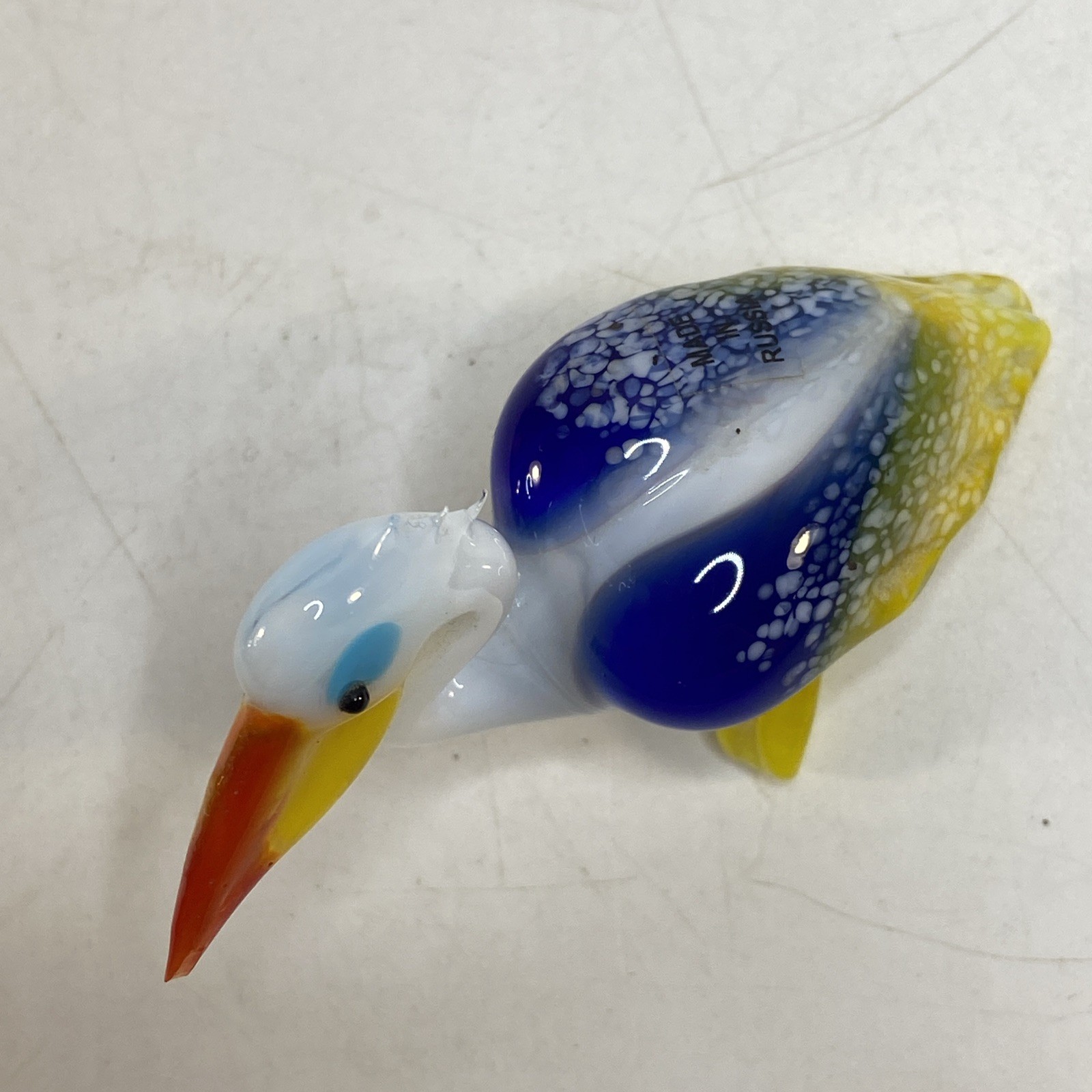 Art Glass Pelican Bird Figurine Hand Blown Vtg Murano Style Blue White 2.5×3.5in