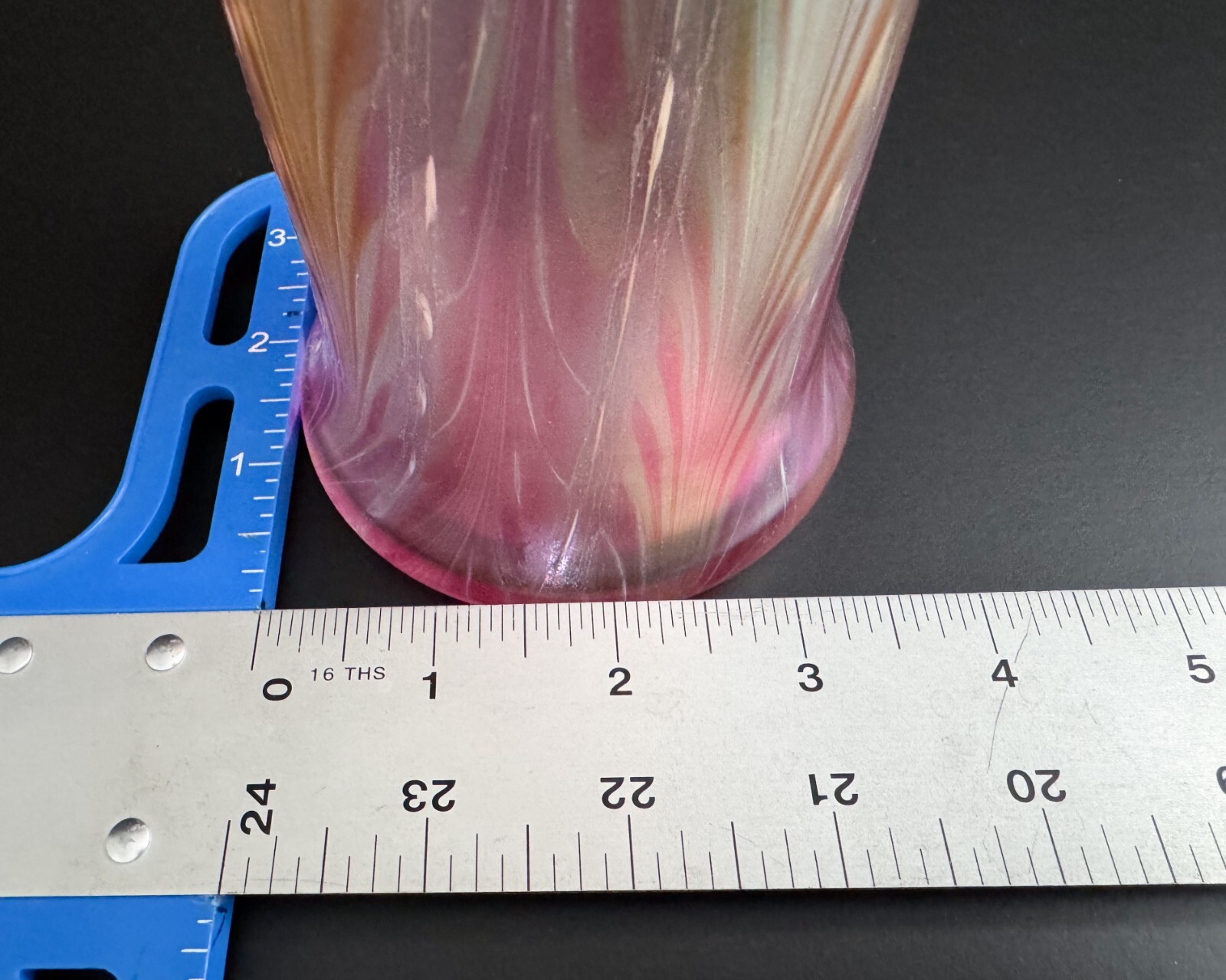 Joseph Morel Zellique 13″ Orange Pink Iridescent Pulled Feather Art Glass Vase