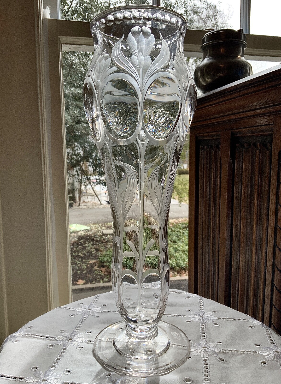 Stevens & Williams Art Nouveau 14″ Engraved Footed Vase c. 1900 Frederick Carder