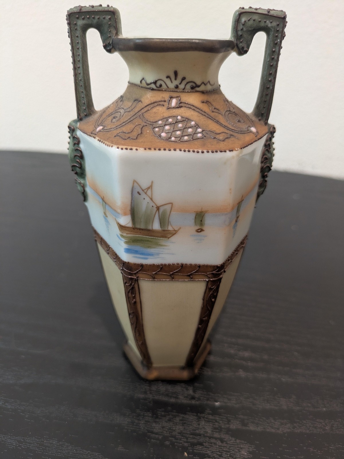 Antique Nippon Hand Painted Sailboat Scenic Vase Beige Porcelain Japan Nautical