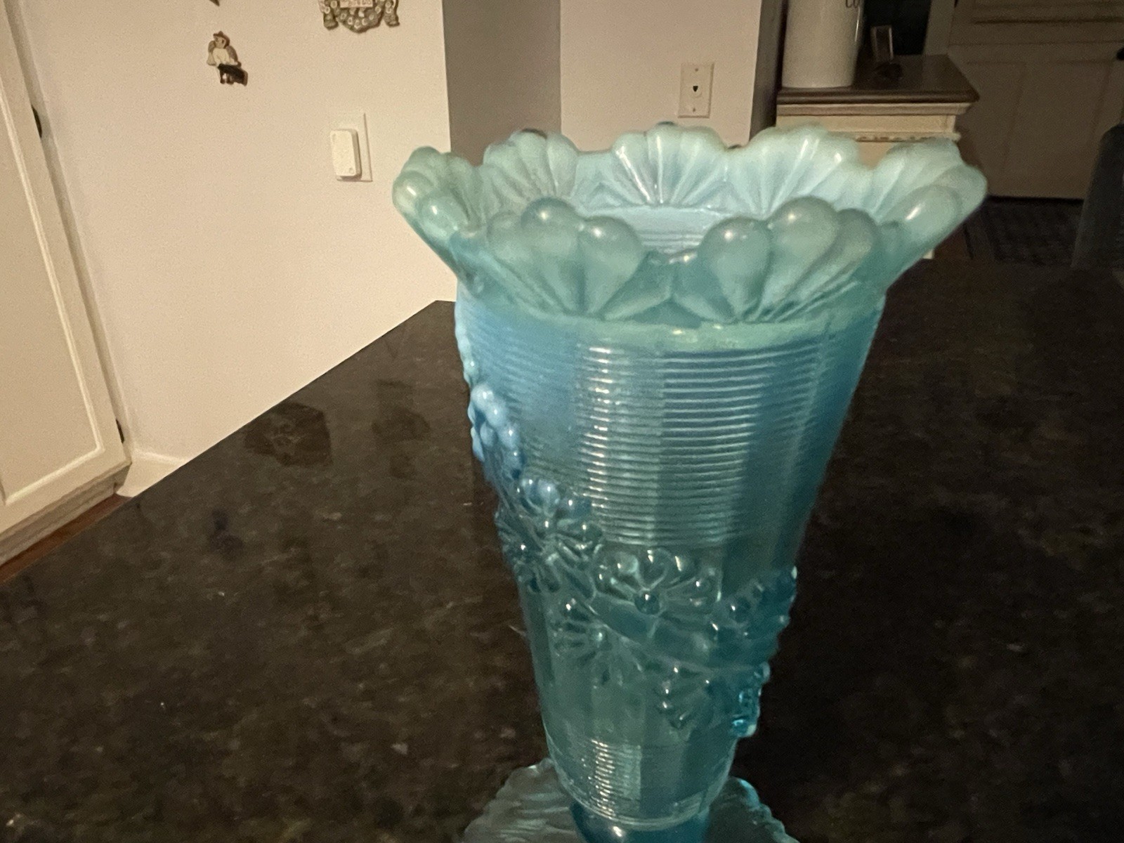 Northwood Fluted Aqua Blue Opalescent Glass w/Flowers Footed Vase~Vintage~