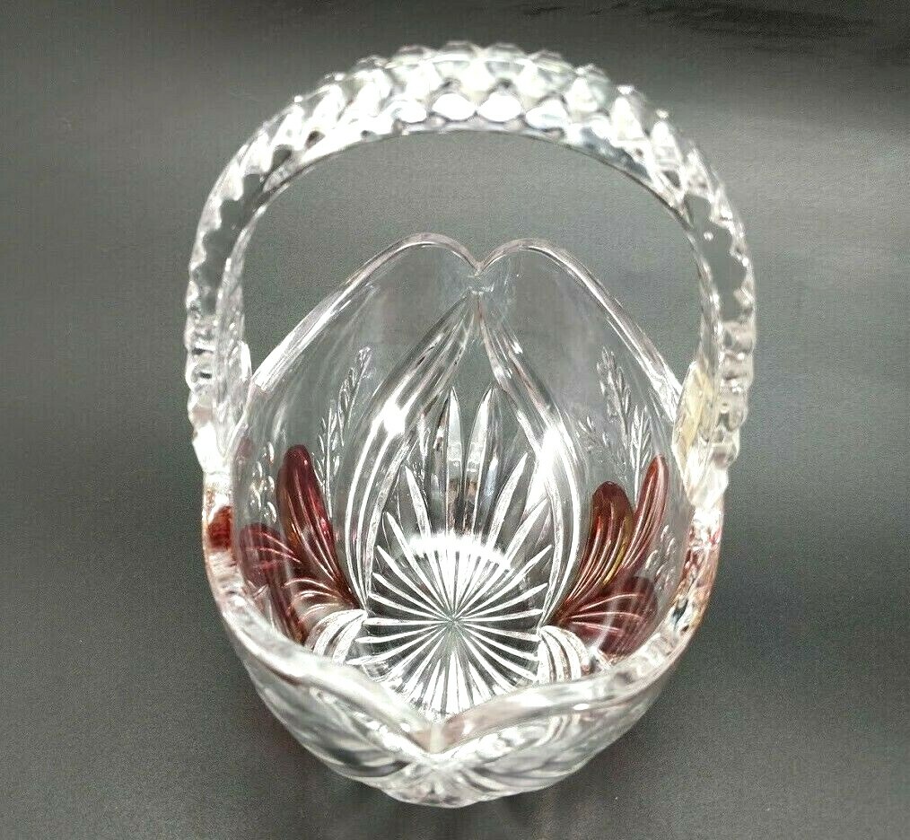 Anna Hutte Bleikristall Germany Hand Cut Lead Crystal Basket Handle Red Flower