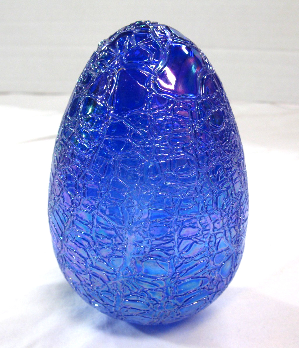 Vintage Blue Crackle Iridescent Glass Egg Shaped Paperweight 5″ Tall