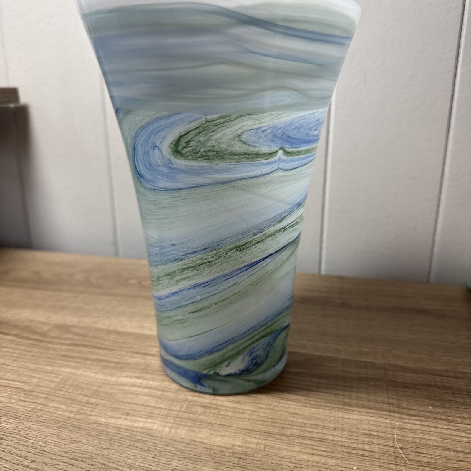 Vietri Art Glass Vase Blue, Green White Swirl 8” Inches Tall 5” Wide BA2