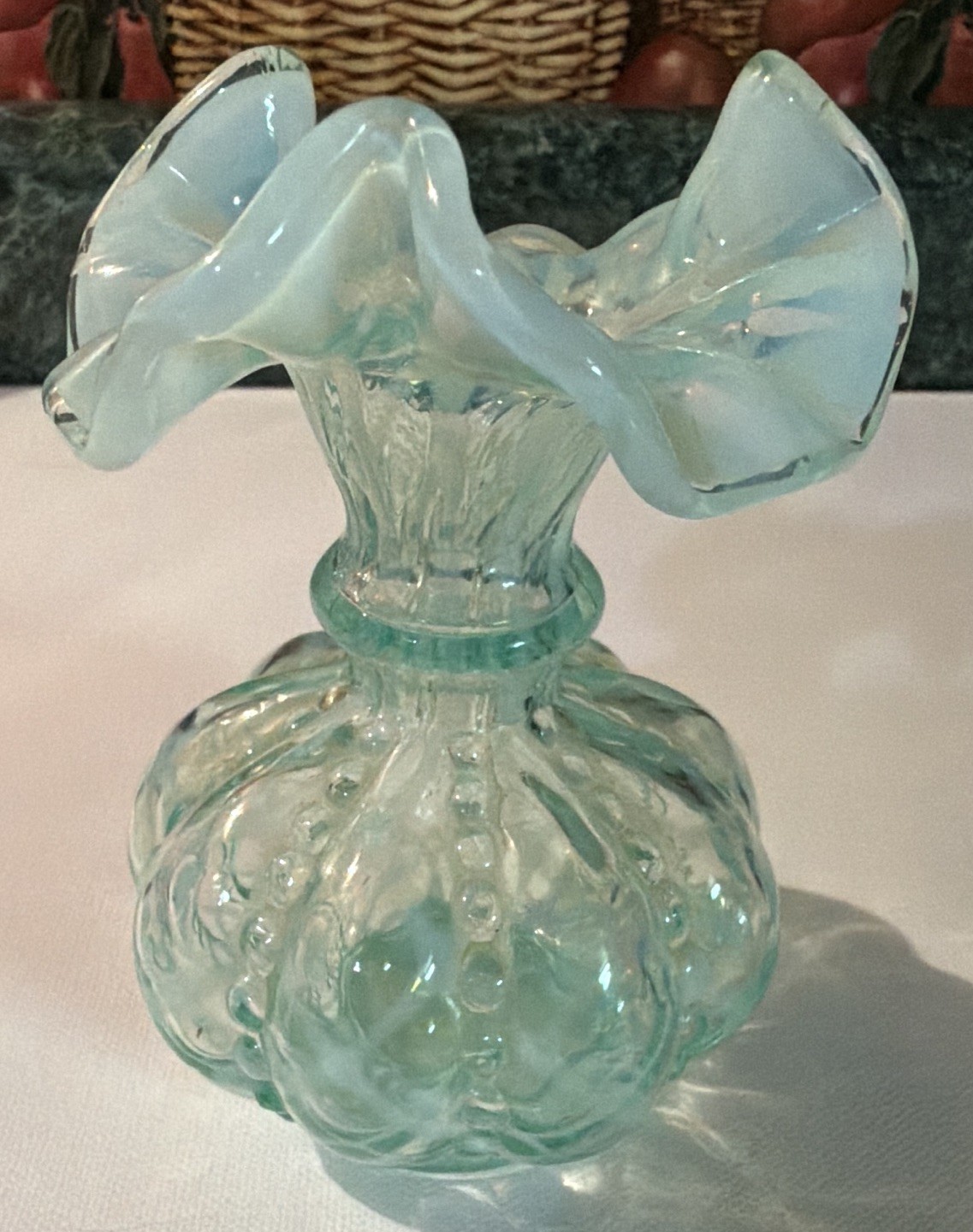 Blue Opalescent Glass Bud Vase, Ruffled Pattern Rim, 4 in Tall, Signed, Fenton