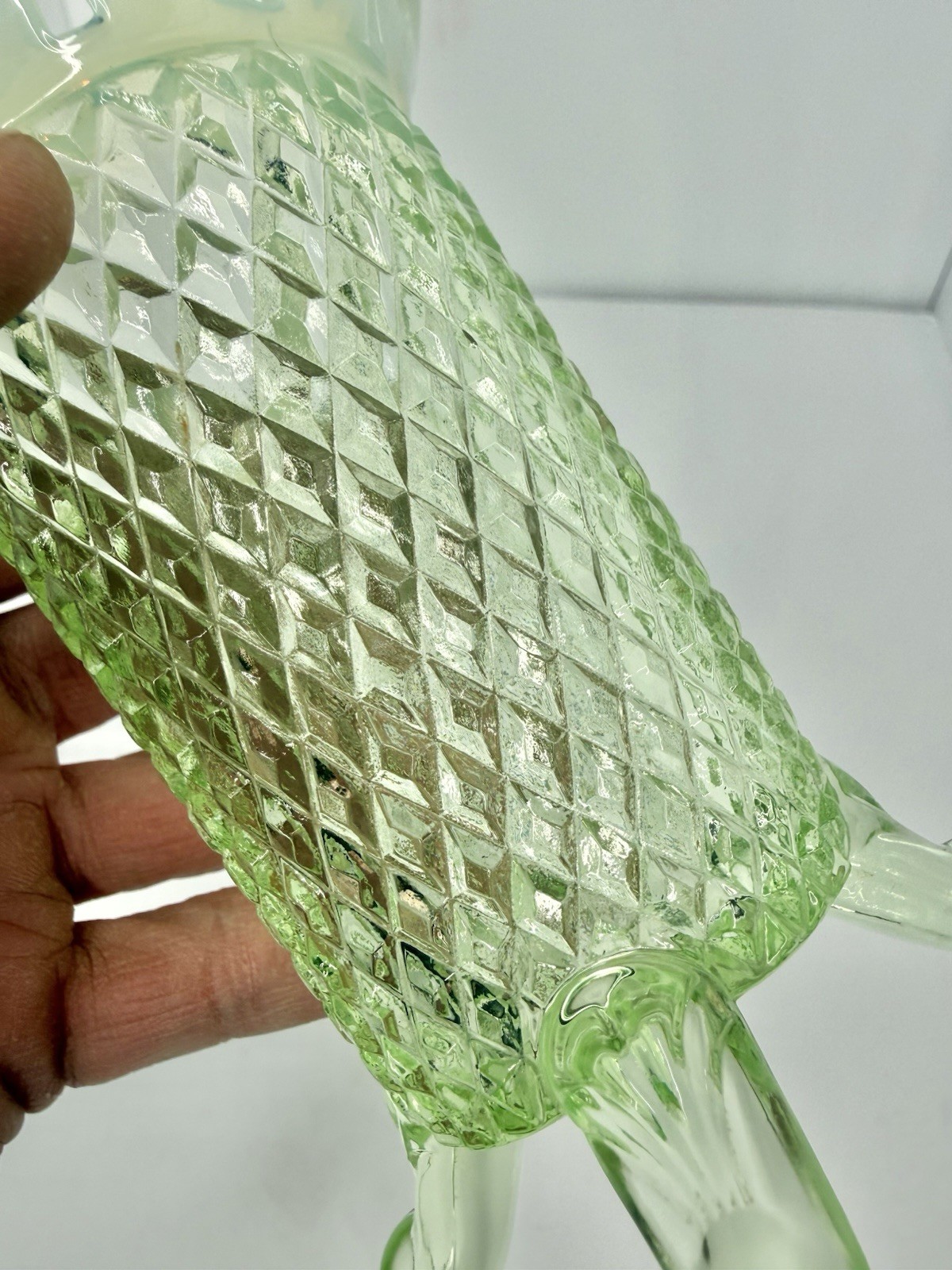 Vintage Imperial Glass Diamond Point Vaseline Opalescent Lace Edge Vase Uranium
