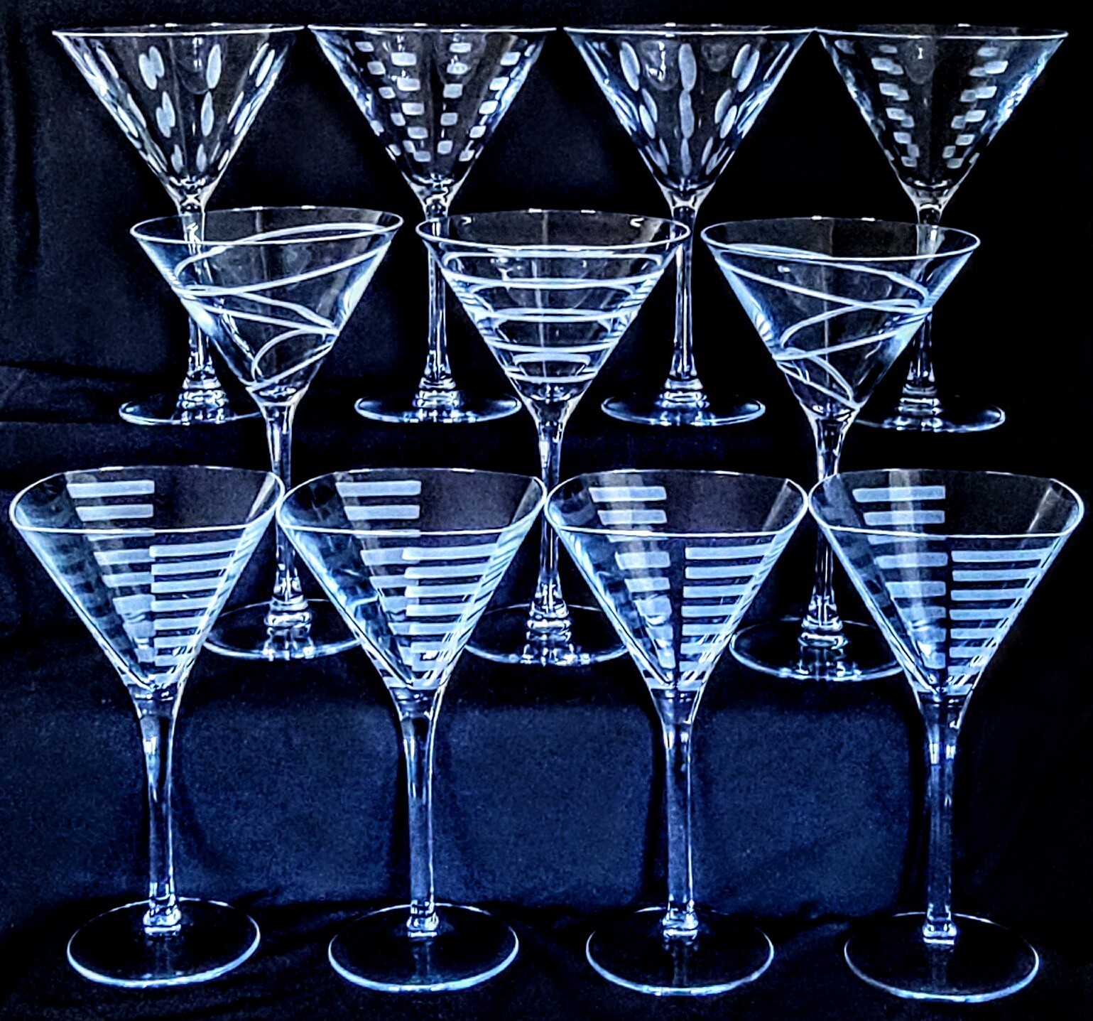 MIKASA CHEERS CRYSTAL GEOMETRIC CUT MARTINI GLASSES, 11 LARGE 10 OZ STEMS, MINT