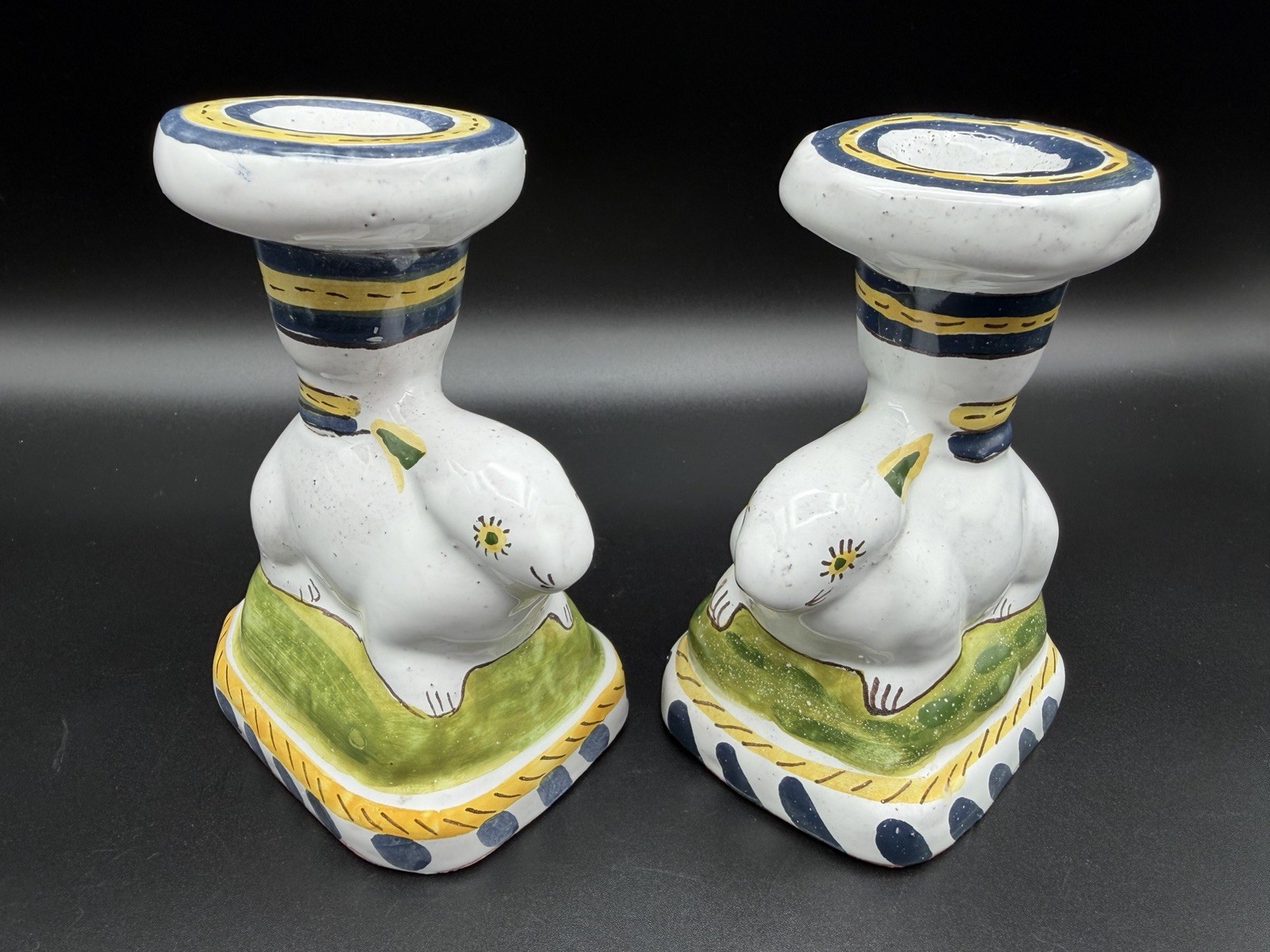 Art Pottery Bunny Rabbit Candle Holders 5” Hand Painted Pair Easter Portugal