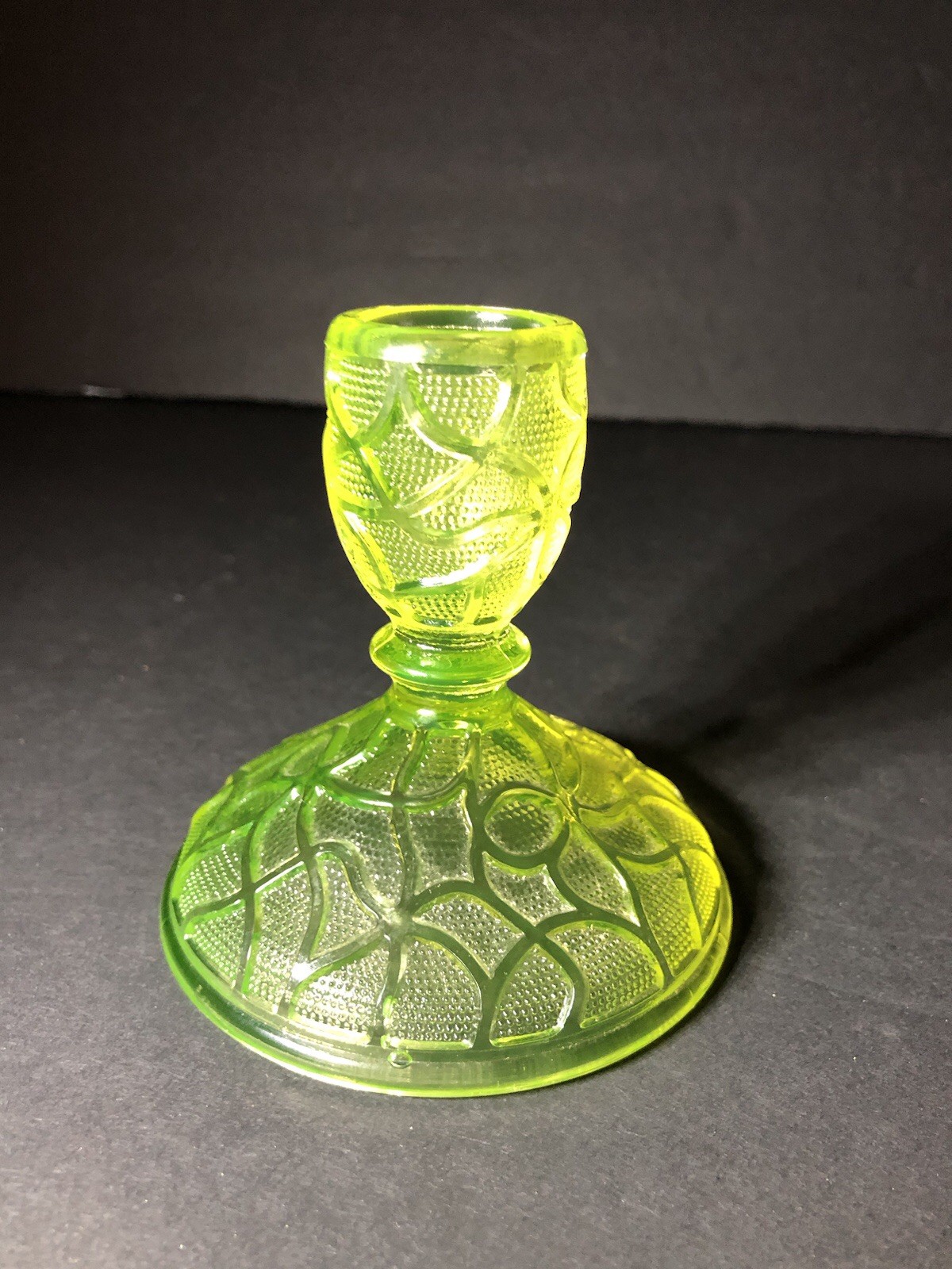 Imperial Glass Yellow Vaseline Uranium Tree of Life 3 3/8”Candle Holder Vintage