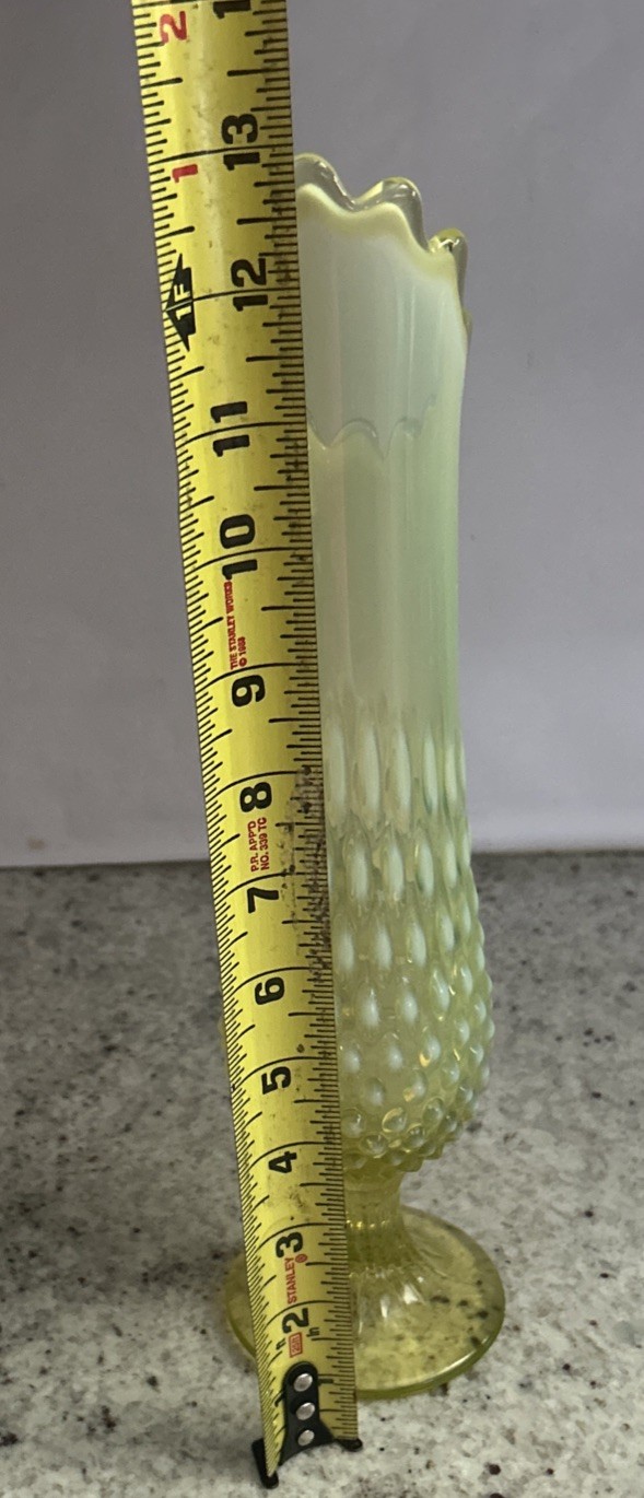 Beautiful Fenton Art Glass Uranium Green Opalescent Hobnail Swung Vase 13”-H