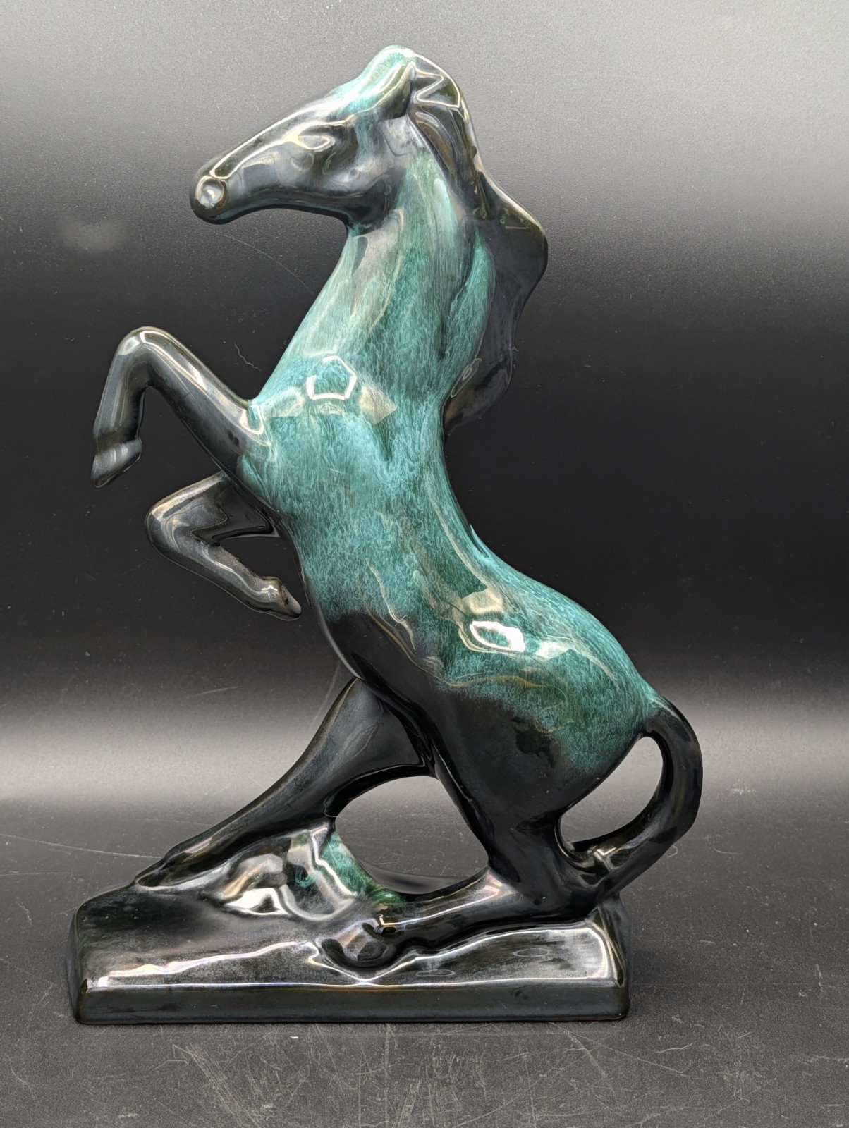 Blue Mountain Arts Pottery Green Black Rearing Horse 13 Inches Tall Vintage