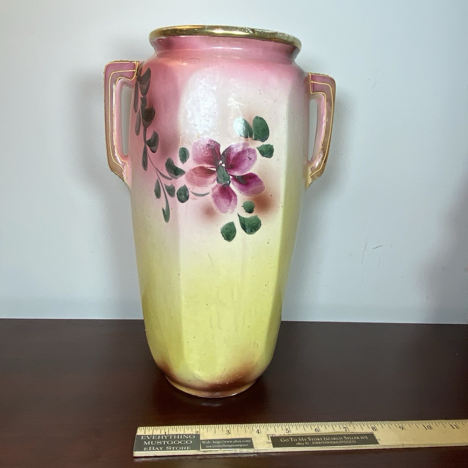 Miyako Post Nippon Floral Pink Yellow Blue Gold Grapes Handled Vase Raised Dots