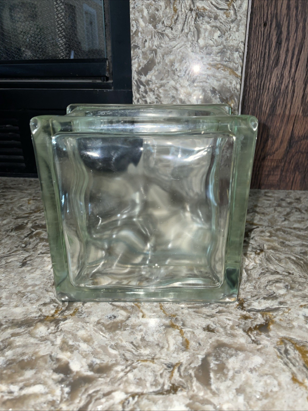 Heavy Thick Hollow Wavy Glass Block Vase GREEN TINT 5 3/4 X 3 7/8 INCH.