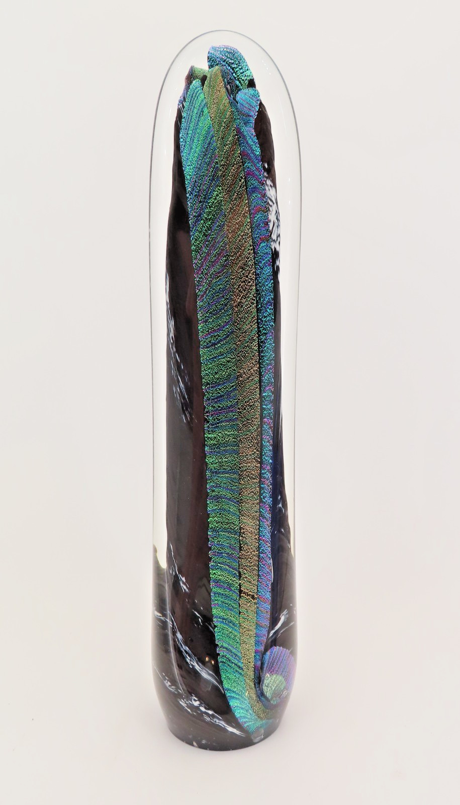 Scott Hartley Art Glass Sculpture Dichroic Peacock Feather Artist Signed 14.5″H