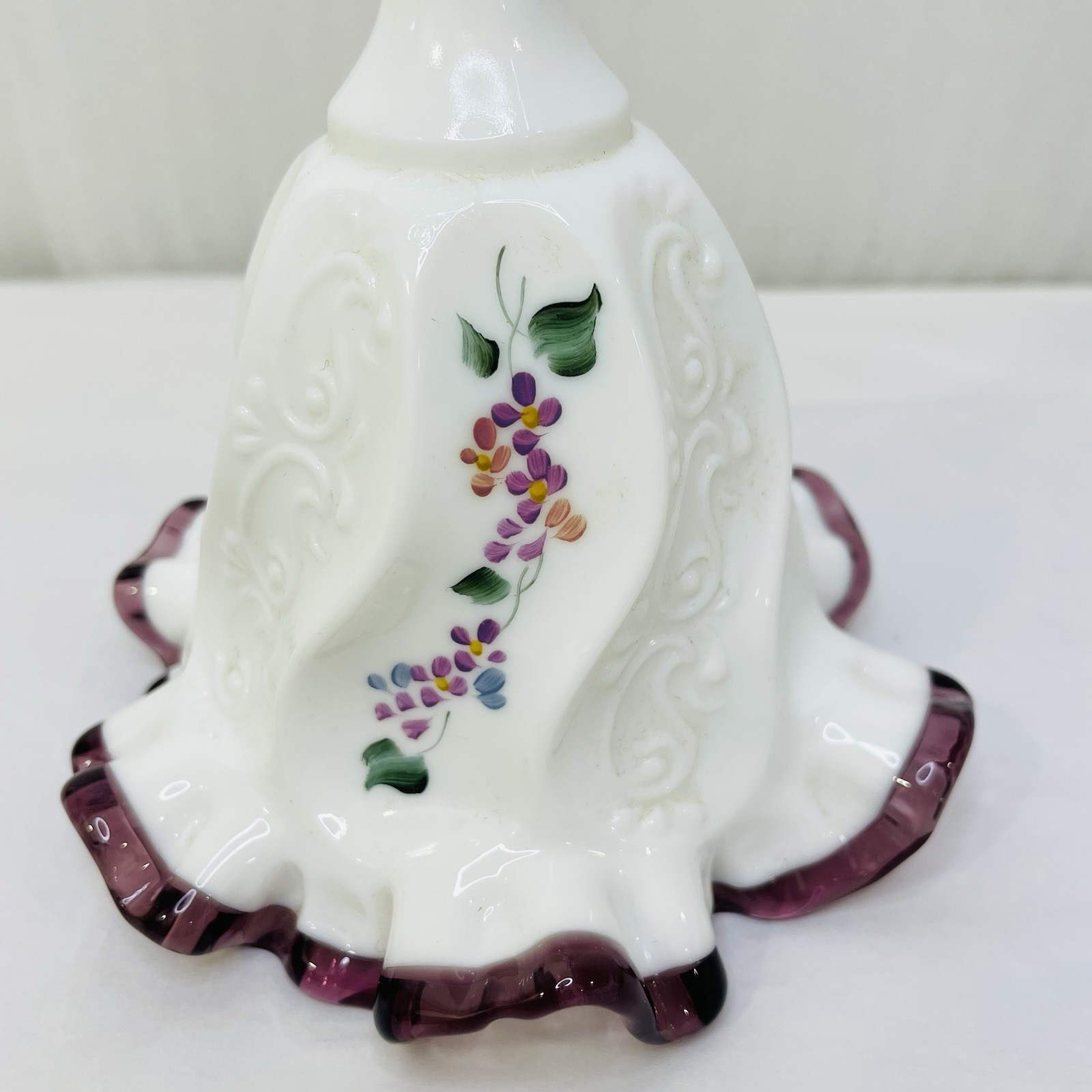 Vintage Fenton Violets Purple Crest Ruffled Bell Artist Signed 6.75″ Tall