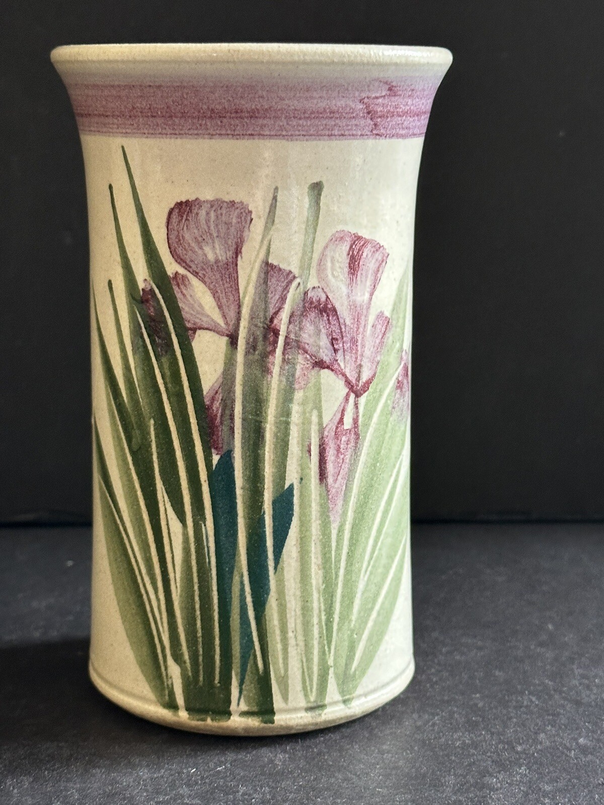 Studio Art Hand Thrown Pottery Vase Iris Hand Painted Artist Signed 6” USA
