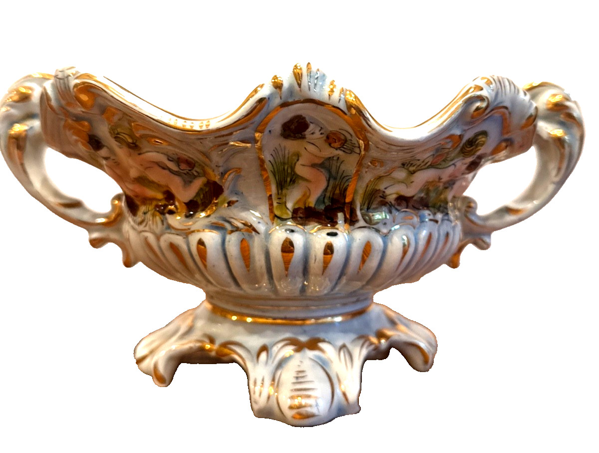 Antique European Cherub Porcelain Compote Gilt Footed Centerpiece Bowl