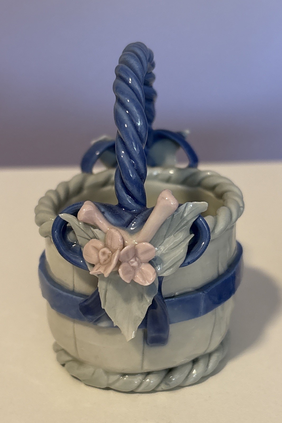 2 Vintage Mini Blue Ceramic Baskets Flower Embellishments & Braided Handle 3.5″H
