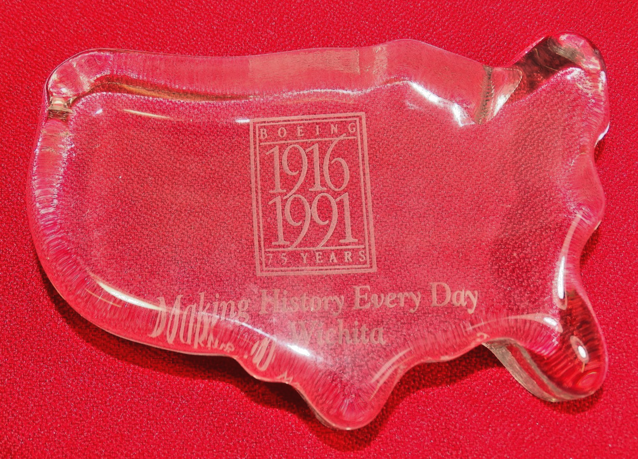 FENTON CLEAR GLASS PAPERWEIGHT BOEING 75 YRS 1916-1991 SHAPED UNITED STATES