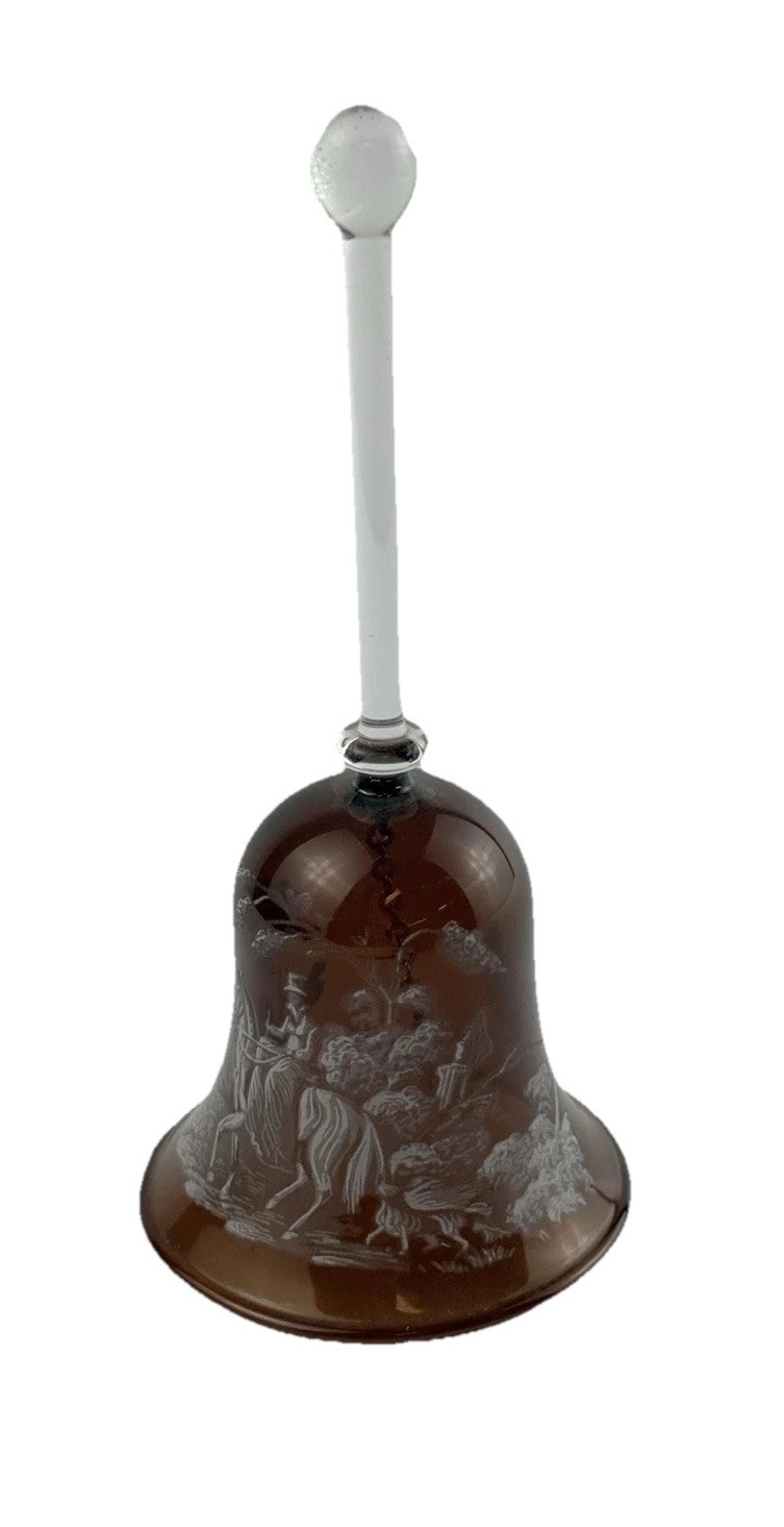 Vintage Amber Clear Handle Crystal Bell 5 Inch Etched Horse And Rider Delicate