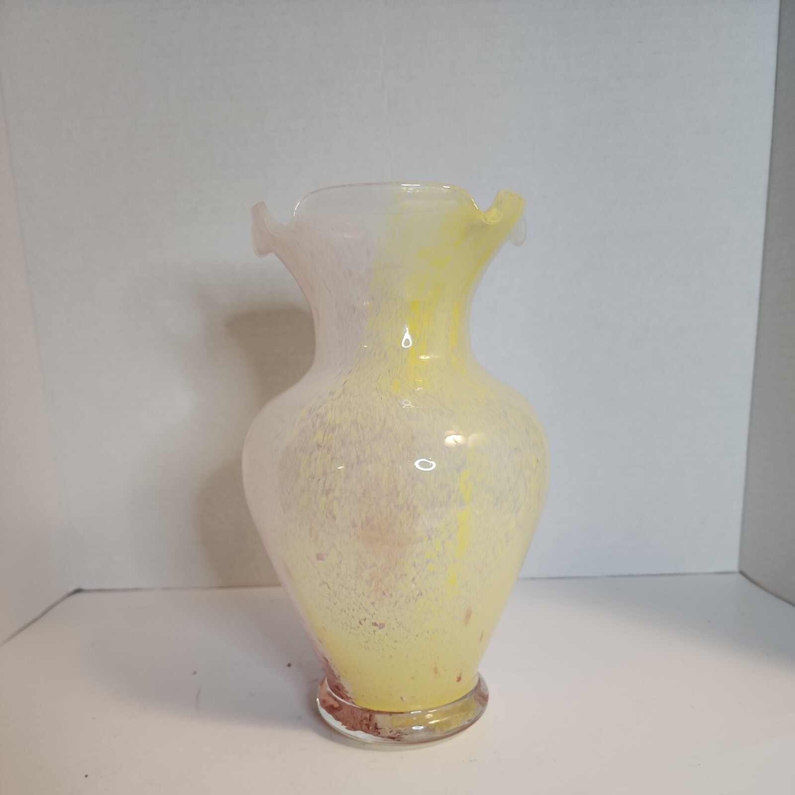 Crystal Clear Italian Glass Vase Pink, Yellow, White Swirl Hand Blown Ruffle Top