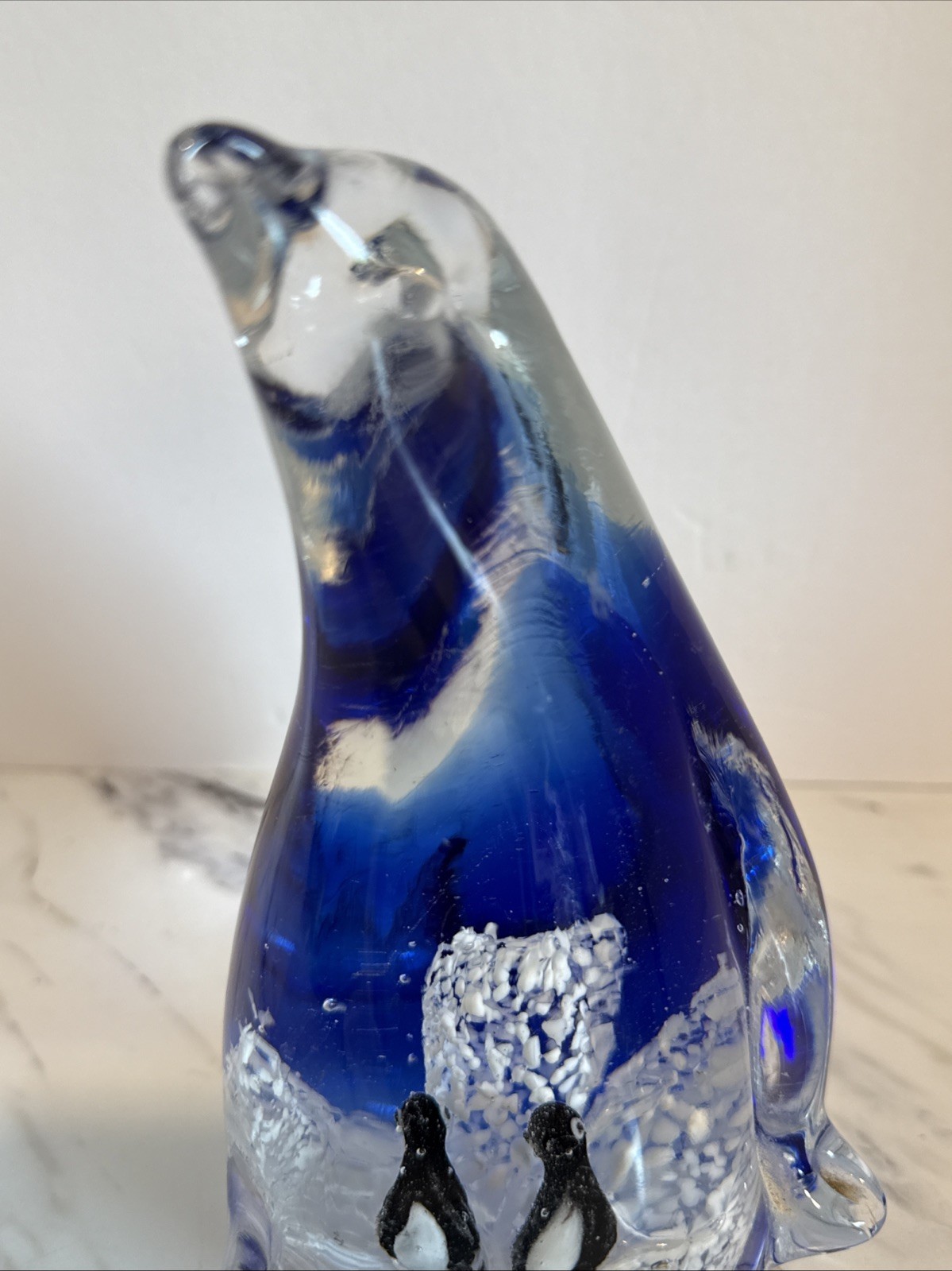 Murano Style Cobalt Art Glass Mother PENGUIN w/ Babies Figurine Paperweight 7” H
