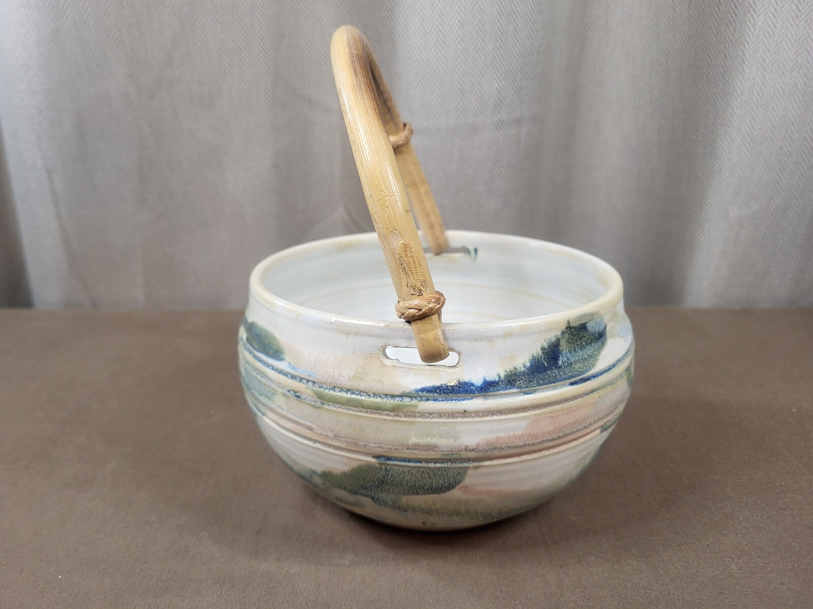 Studio Art Pottery Basket Bowl With Rattan Handle Artist Signed