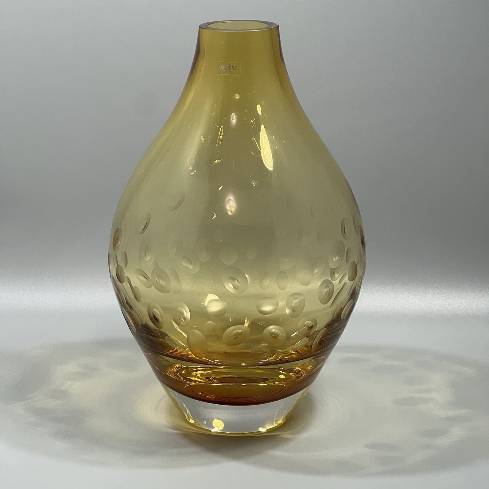 Amber Vase Crate and Barrel Krosno Poland Morocco Etched Design Heavy Glass 11″
