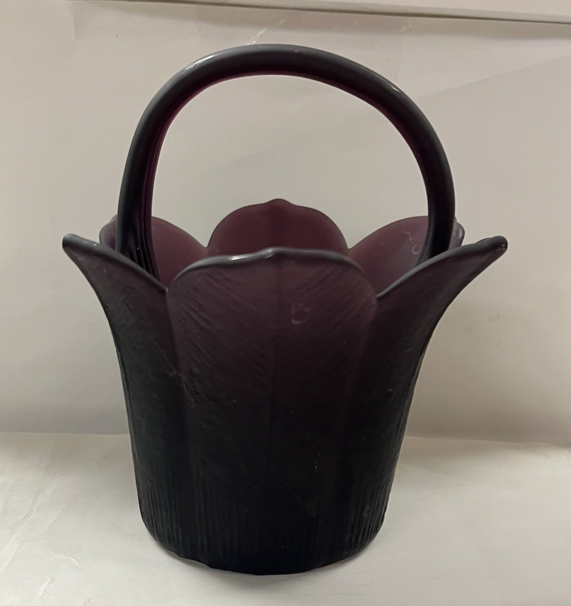 Vintage Purple Flower Petals Leaves Matte Finished Satin Art Glass Basket Vase