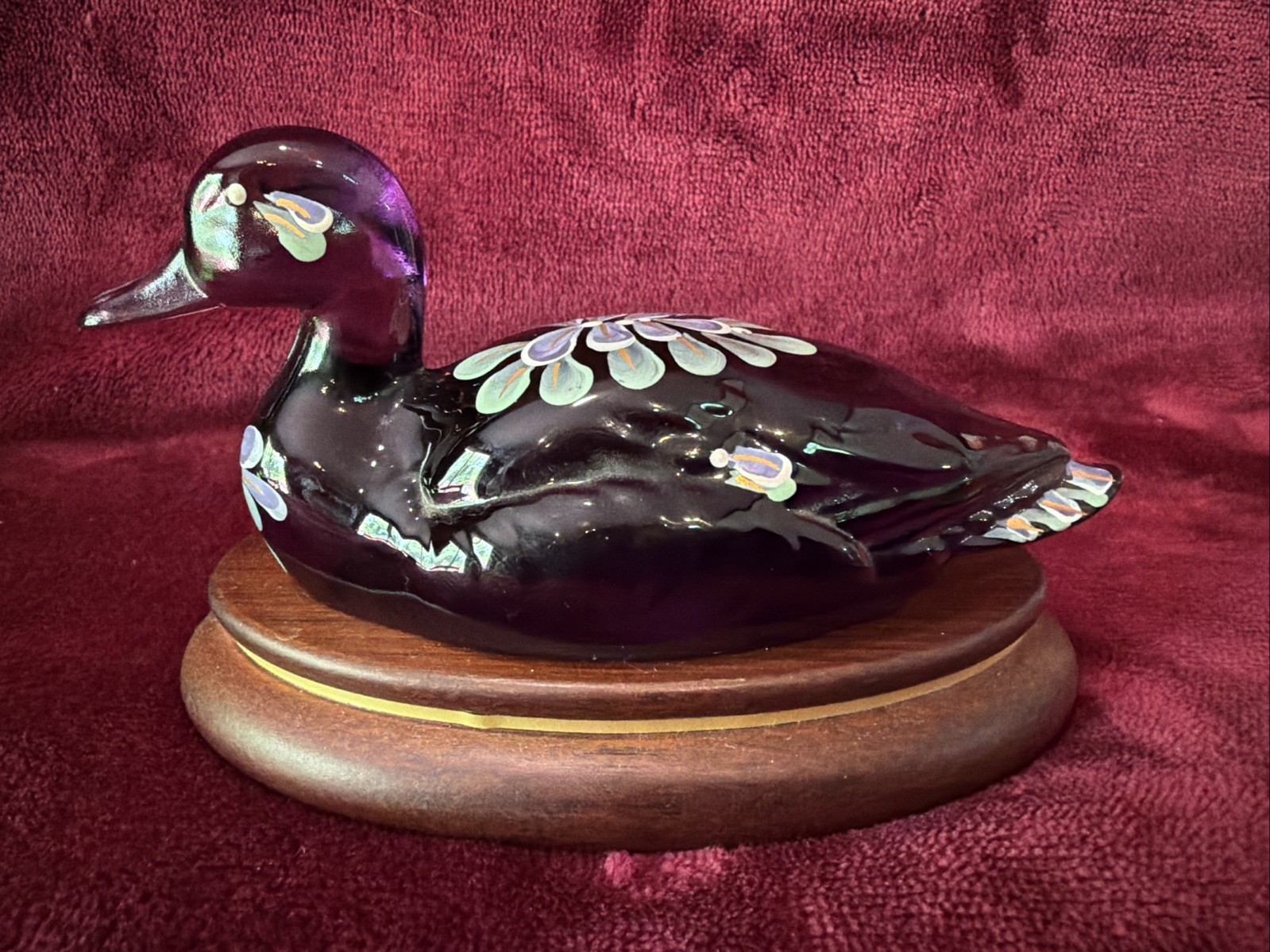 Vintage Fenton Hand Painted Sangria Colored Floral Glass Art Duck By K. Lupardis