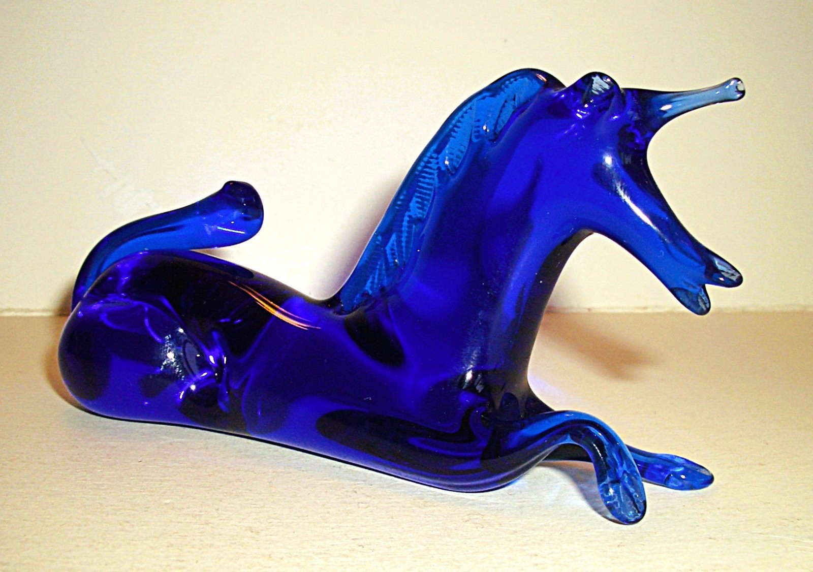 Vintage 1950s RAINBOW Hand Blown Blue Art Glass UNICORN Horse Figurine
