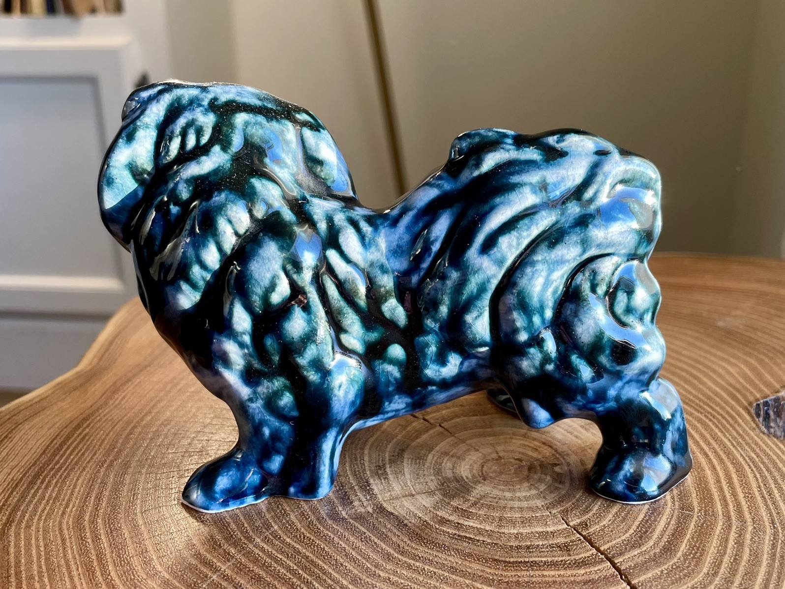MCM Vintage Ceramic Pekingese Dog Figurine Blue Drip Glaze