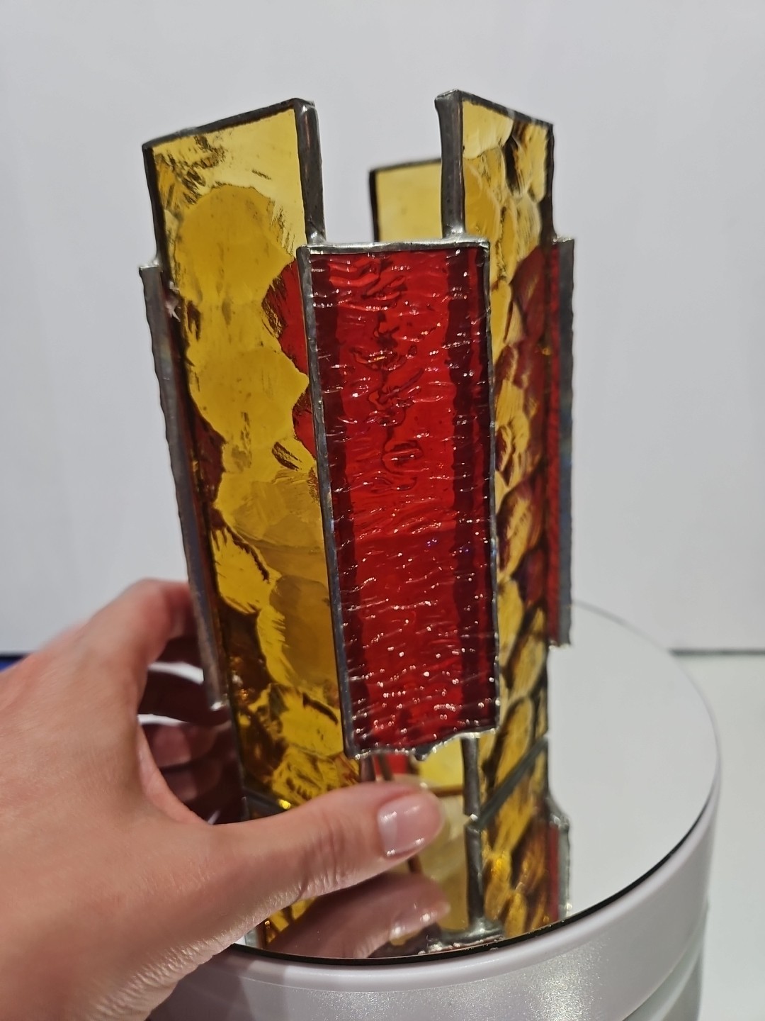 Candle Holder votive or tealight, Panels of Stained glass in Amber & Ruby Red.