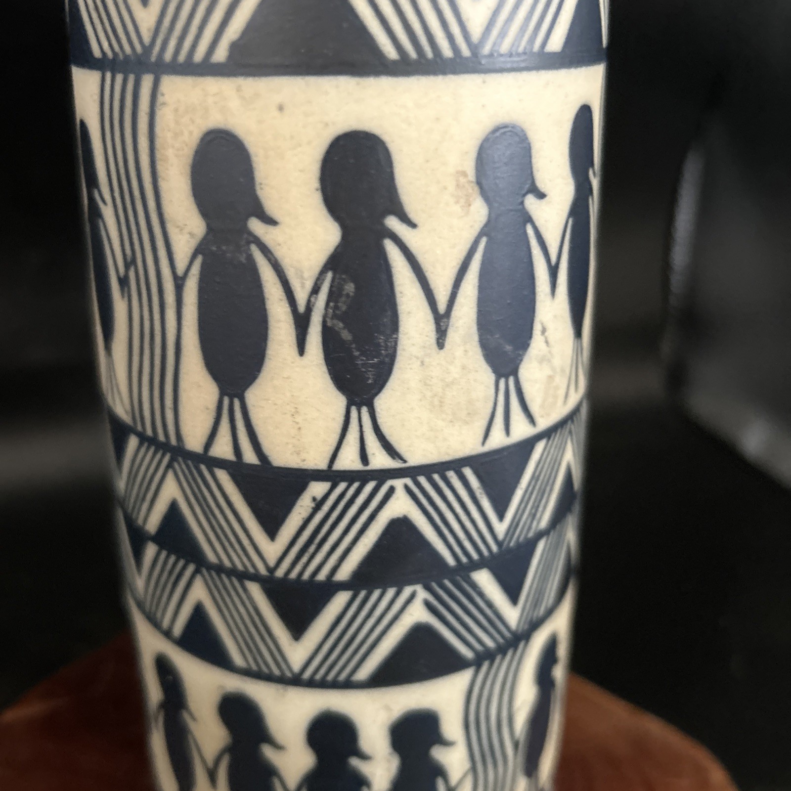 Vintage Sauri Warli Folk Art Pottery Vase People Holding Hands In Unity